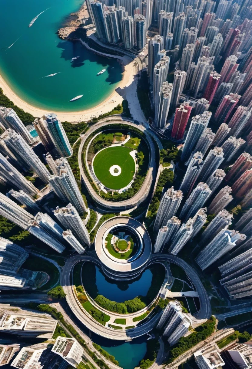 vanishing point, from above, panoramic, super wide angle, satellite images,Hong Kong floor plan ,((Coastal cities)), high density, Zaha Hadid Architecture, ((Top view)), Natural light, Specular rendering, masterpiece, high quality, outdoor