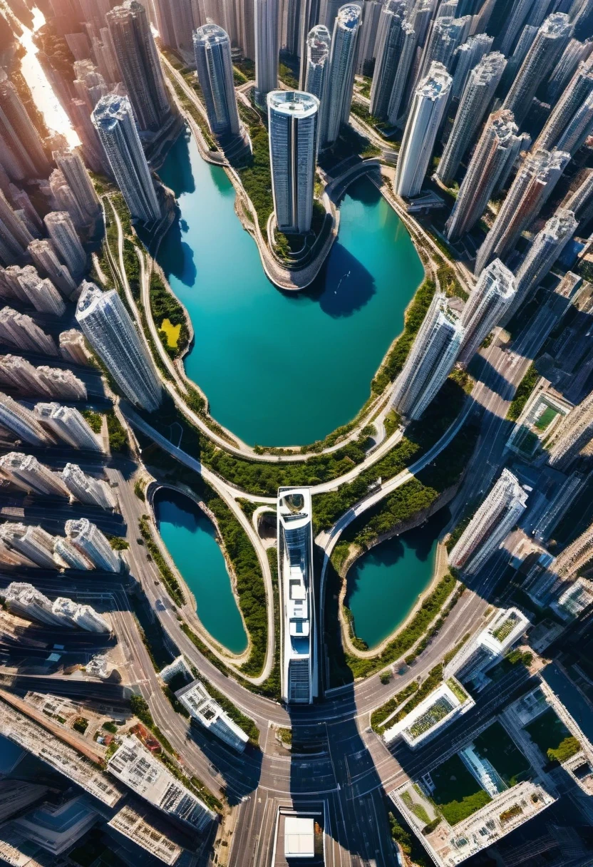 vanishing point, from above, panoramic, super wide angle, satellite images，Hong Kong floor plan ，((Coastal cities)), high density, Zaha Hadid Architecture, ((Top view)), Natural light, Specular rendering, masterpiece, high quality, outdoor