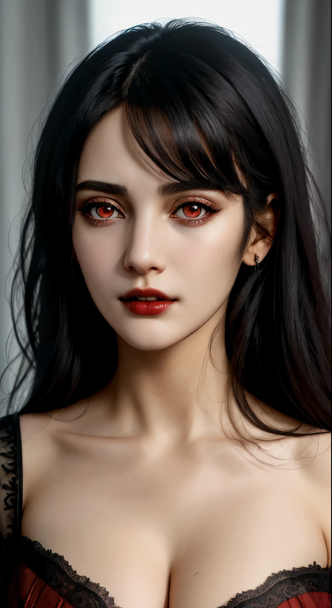 (best quality, hyperdetailed photography:1.2), beautiful lady, ,red eyes , black hair,dark makeup, soft light, snoopy breast,head and breast portrait, cover, (detailed beautiful face, detail skin texture, ultra-detailed body:1.1) sexy vampire girl,, massive perfect breast, closeup portrait, sexy woman,