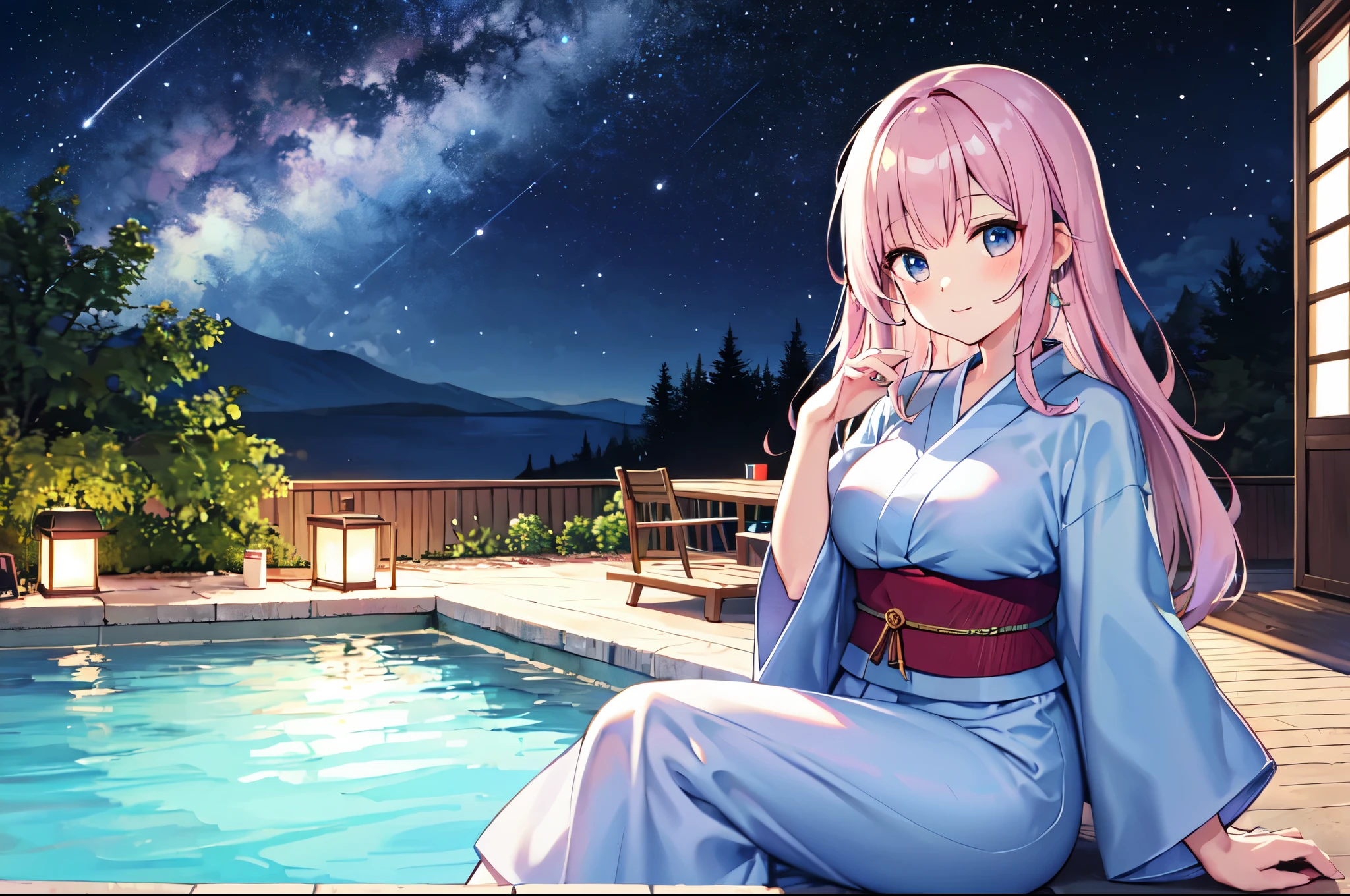 （masterpiece）、(highest quality)、((Super detailed))、(super delicate)、pastel colored hair、beautiful breasts、yukata、Hot spring at night、fantastic starry sky