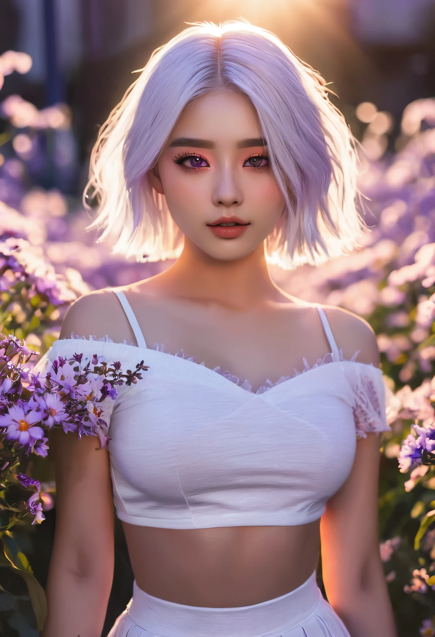 realistic, 1girl, white hair, purple eyes, glowing eyes, crop top, skirt, parted lips, blush, night, flowers, sun, sunlight,