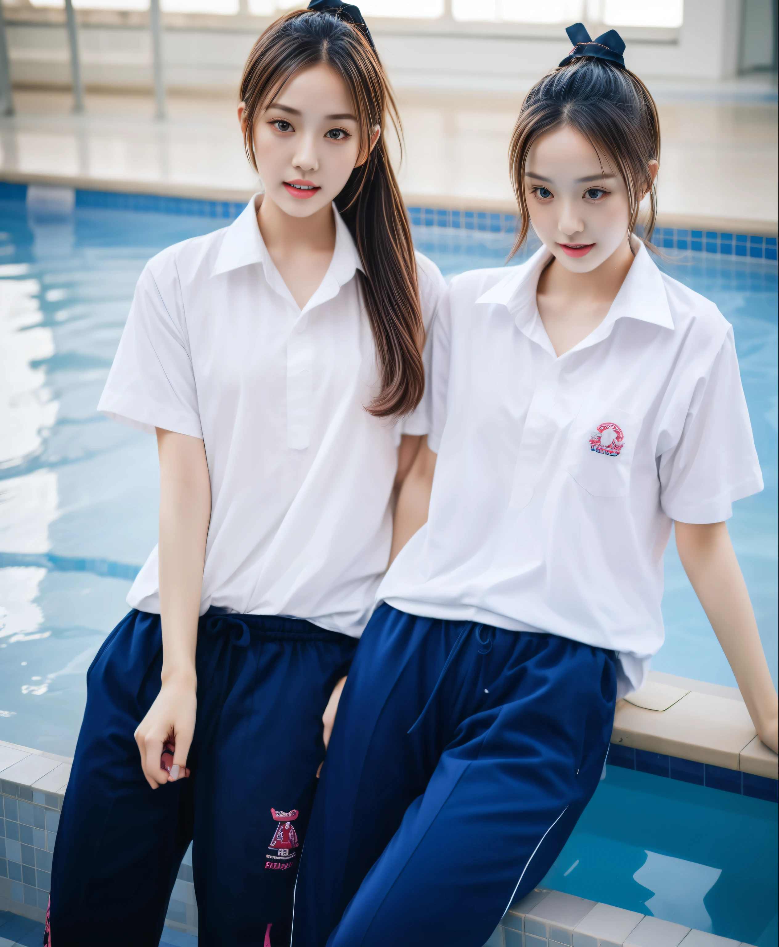 2 girls in the swimming pool, Blue short sleeve shirt,Sweatpantsขายาวสีกรมท่า,Sweatpants, Sweatpantsขายาว,25 year old girl, lesbian, sexy, exercise clothes, wet body, exercise clothes