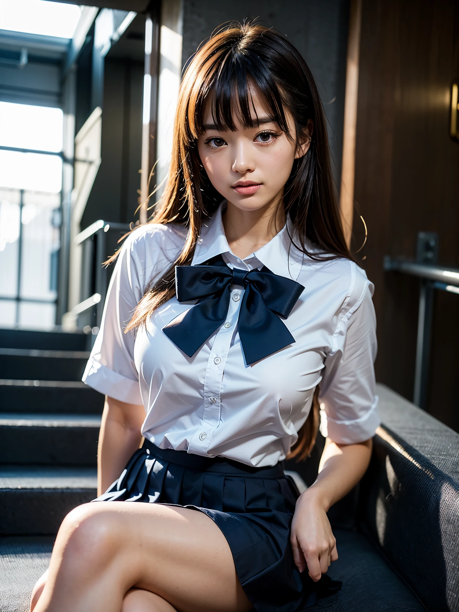 (masterpiece:1.3), (8K、photorealistic, Raw photo, best quality:1.4), (solo), (1 girl), (beautiful realistic face:1.2), ((very beautiful 18 year old japanese girl)), (Symmetrical perfect face), (beautiful brown hair, bangs), hair is messy, (intense black eyes, strong eye highlights, realistic目, beautiful eyelashes), (wonderful smile:1.2), perfect anatomy, (high detail skin: 1.2), dynamic angle, perfect body, (white short-sleeved shirt with a navy collar, girls high school uniform, Plain pleated skirt in dark blue, navy blue bow tie, white knee socks, black leather shoes), (white bra and panties), accurate arm, five fingers, accurate legs, refreshing morning, (Beautiful Landscape Background), (train station, realistic電車, line, station stairs), volume lighting, soft light, bright, neon, Bright colors, realistic, highest quality, photo-realistic, realistic