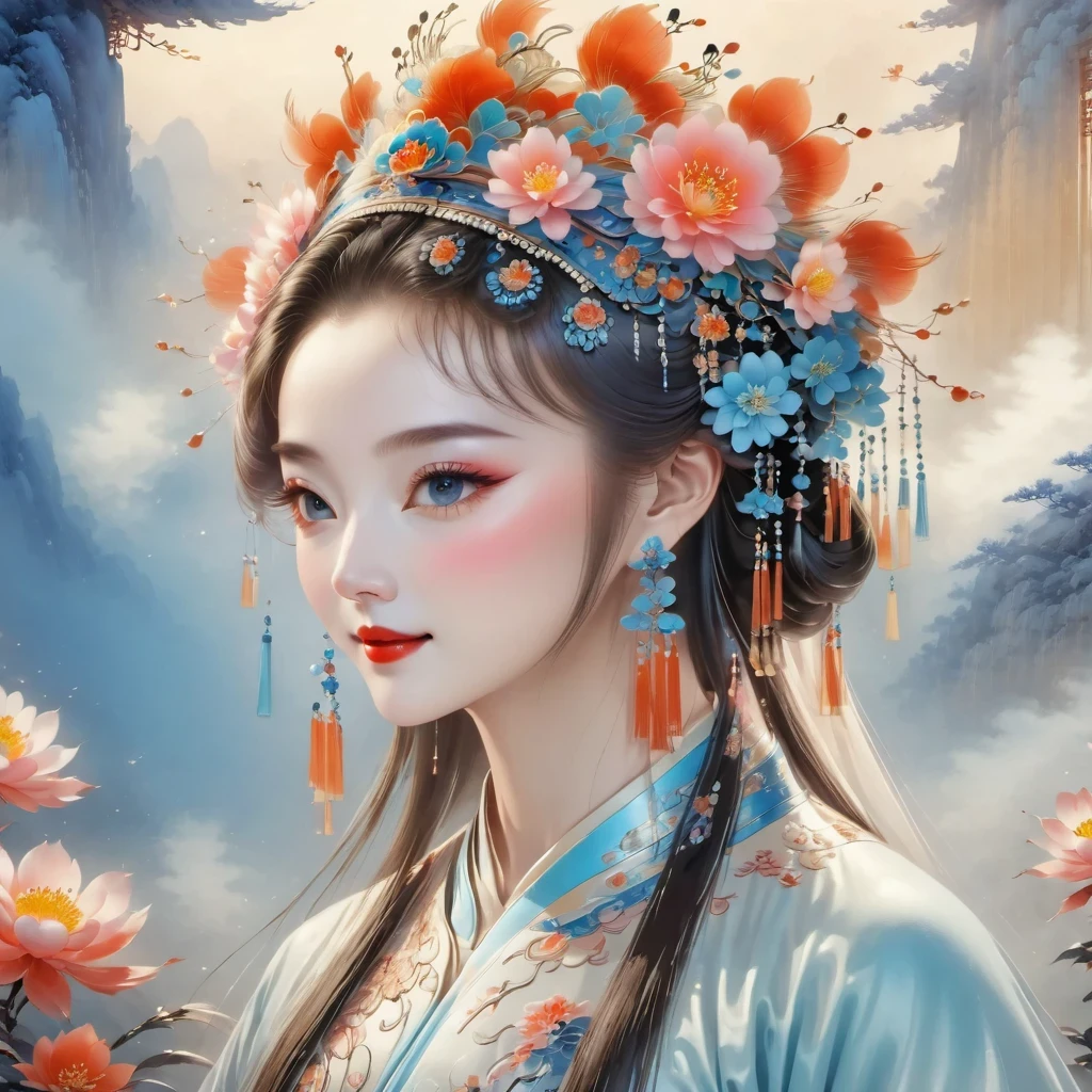 (masterpiece, best quality:1.2), 1 girl, beautiful, 20 years old, natural skin, Sunlight,(original photo, best quality), Reality, photo Reality: 1.3, Clean, masterpiece, Exquisite details, Ultra-fine section, high resolution, (Best Illustration),(best shadow), complicated, bright, Correct lens distortion, ink painting, (Nebula background: 1.3), dynamic poses, (Transparent colored cloth: 1), short skirt, (portrait: 1.1), Smile, pretty face, Traditional Chinese art style,Close-up of woman wearing floral headdress, palace , girl wearing hanfu, beautiful幻想女王, ancient chinese princess, ((beautiful幻想女王)), chinese princess, queen of china, beautiful人物画, Gurwitz style artwork, A beautiful artistic illustration, guweiz, beautiful数字艺术作品, beautiful数字插图