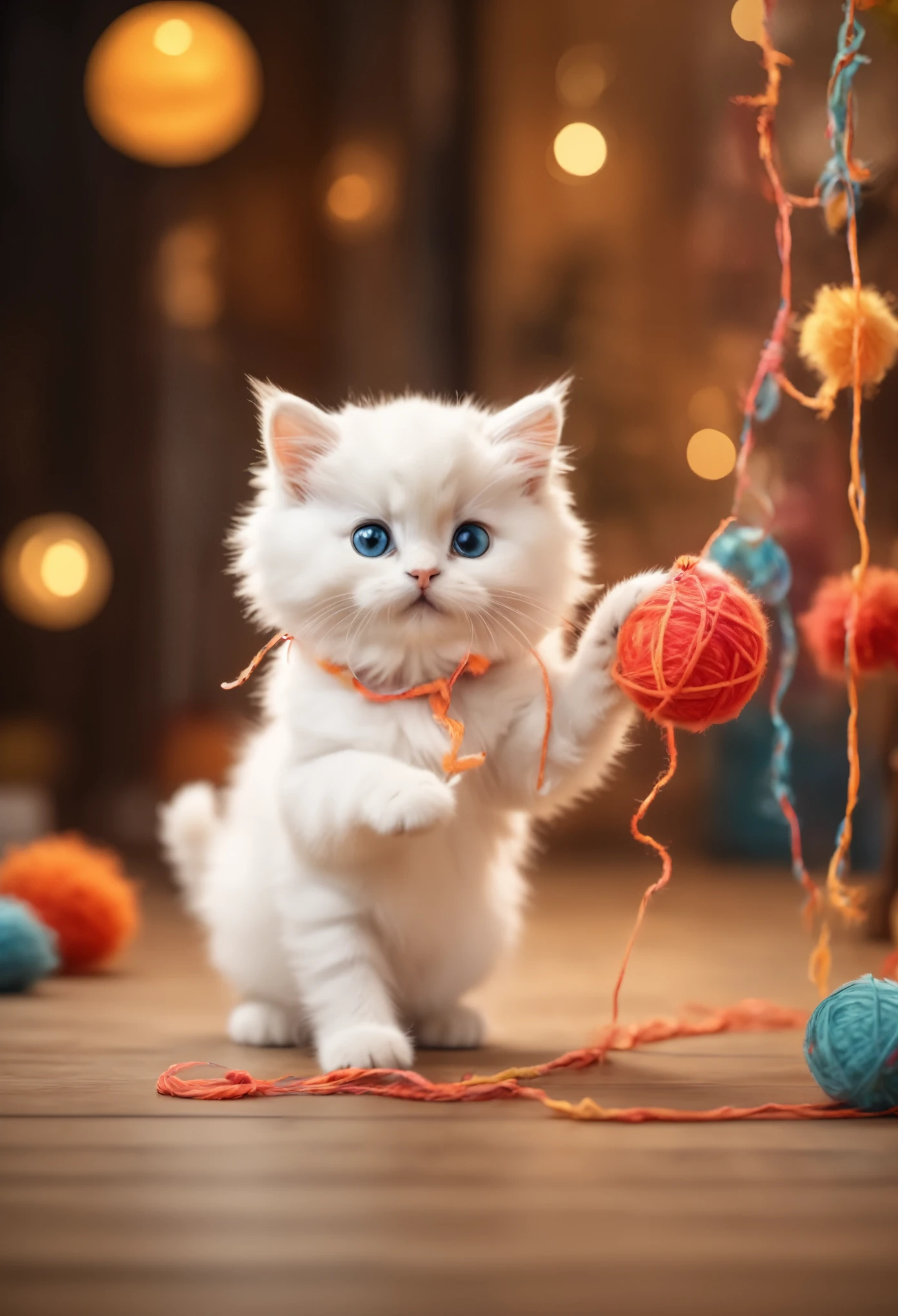 (best quality,4k,highres,masterpiece:1.2),ultra-detailed,realistic,cute fluffy white cat,round paw,playing with a colorful string-ball,soft fur texture,vivid colors,paw pads,curious expression,natural lighting,studio backdrop,cute and playful,elegant posture,realistic eyes and nose,sharp focus,professional,bokeh,artistic portrait, in the style of cute animals