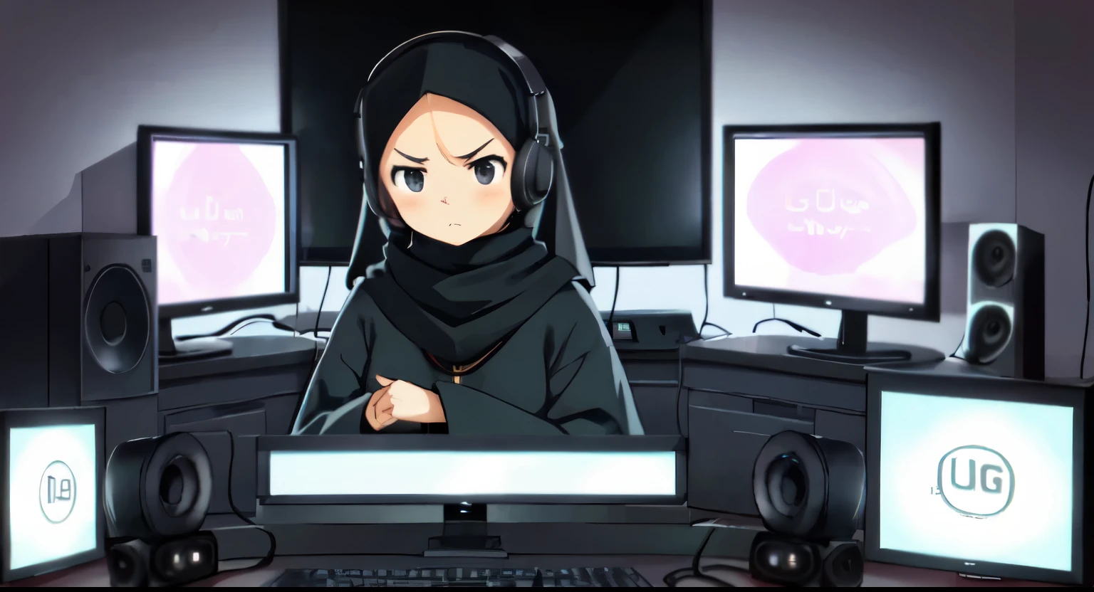 Hijab girl in bedroom streaming on a desktop
Young girl, black hijab, monitor, headphone, serious face, playing video game