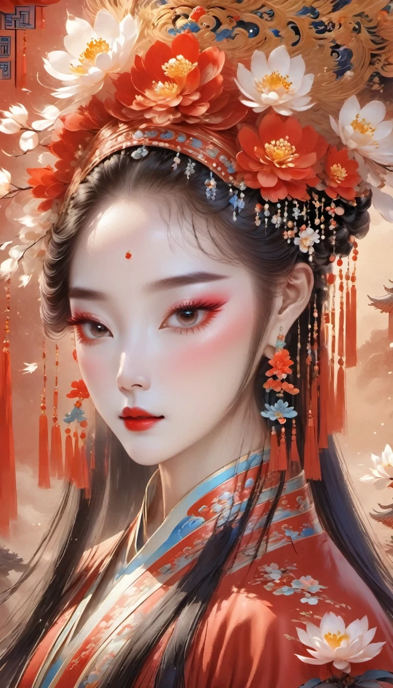 (masterpiece, best quality:1.2),，Nuwa holds the sacred stone，Fix the big hole in the sky。Her body is painted red，Symbolizes her courage and strength。Her hair and clothes are white，Symbolizing her purity and holiness。around her，is a dark sky，Symbolizes disaster and danger。Nuwa’s sacred stone shines brightly，Illuminates the whole picture，Symbolizes hope and redemption。 Close-up of woman wearing floral headdress, palace ， girl wearing hanfu, beautiful fantasy queen, ancient chinese princess, ((beautiful fantasy queen)), chinese princess, queen of china, beautiful figure painting, Gurwitz style artwork, A beautiful artistic illustration, guweiz, Beautiful digital art work, Beautiful digital illustration