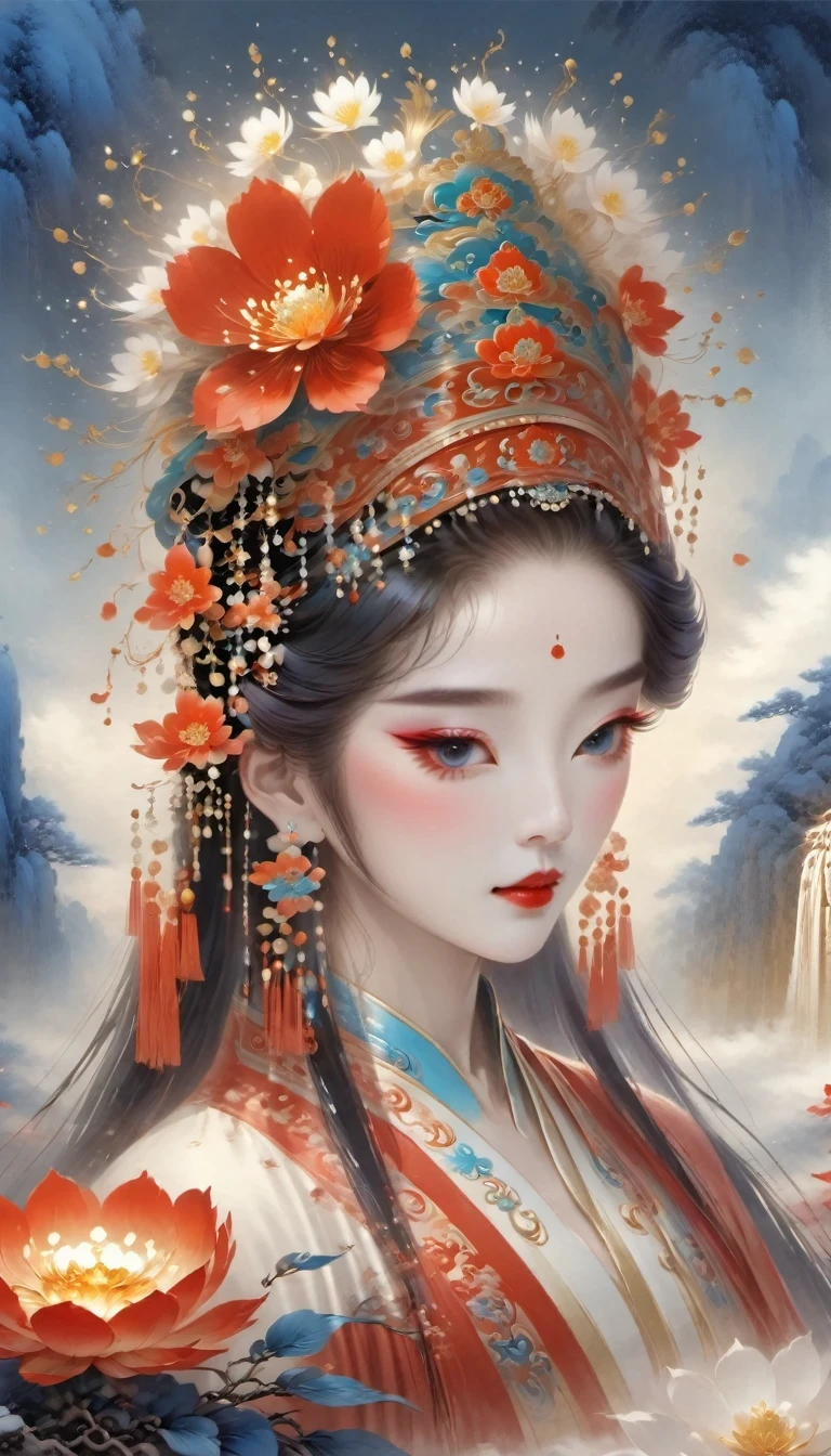 (masterpiece, best quality:1.2),,Nuwa holds the sacred stone,Fix the big hole in the sky。Her body is painted red,Symbolizes her courage and strength。Her hair and clothes are white,Symbolizing her purity and holiness。around her,is a dark sky,Symbolizes disaster and danger。Nuwa’s sacred stone shines brightly,Illuminates the whole picture,Symbolizes hope and redemption。 Close-up of woman wearing floral headdress, palace , girl wearing hanfu, beautiful fantasy queen, ancient chinese princess, ((beautiful fantasy queen)), chinese princess, queen of china, beautiful figure painting, Gurwitz style artwork, A beautiful artistic illustration, guweiz, Beautiful digital art work, Beautiful digital illustration