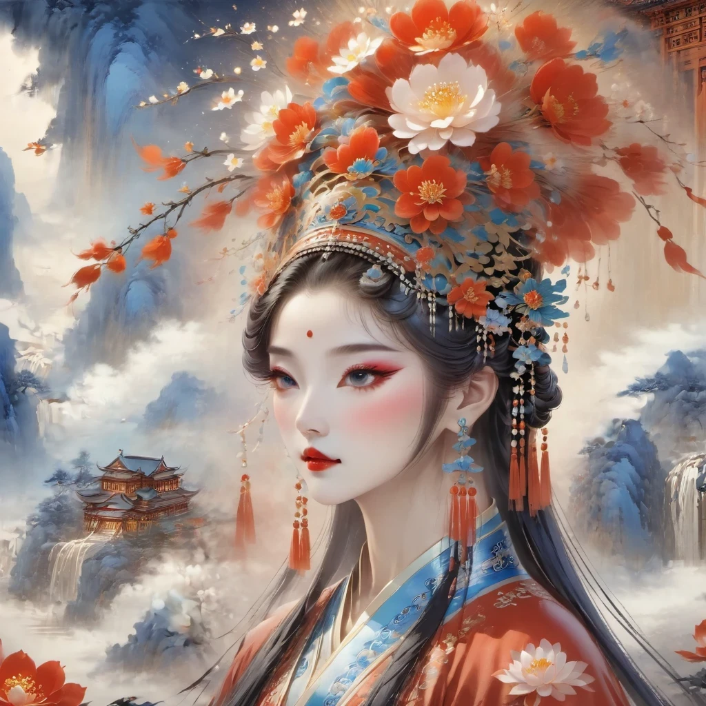 (masterpiece, best quality:1.2),,Nuwa holds the sacred stone,Fix the big hole in the sky。Her body is painted red,Symbolizes her courage and strength。Her hair and clothes are white,Symbolizing her purity and holiness。around her,is a dark sky,Symbolizes disaster and danger。Nuwa’s sacred stone shines brightly,Illuminates the whole picture,Symbolizes hope and redemption。 Close-up of woman wearing floral headdress, palace , girl wearing hanfu, beautiful fantasy queen, ancient chinese princess, ((beautiful fantasy queen)), chinese princess, queen of china, beautiful figure painting, Gurwitz style artwork, A beautiful artistic illustration, guweiz, Beautiful digital art work, Beautiful digital illustration