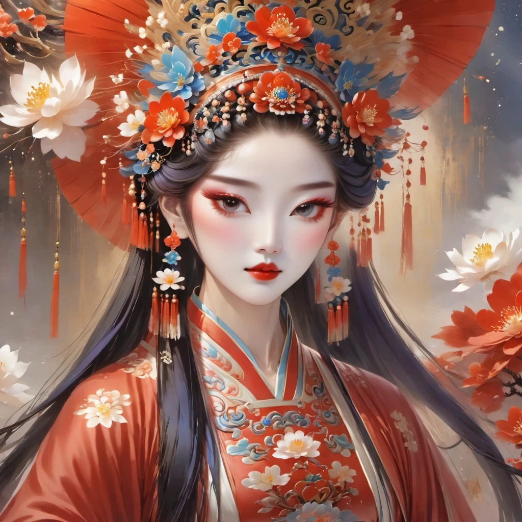 (masterpiece, best quality:1.2),，Nuwa holds the sacred stone，Fix the big hole in the sky。Her body is painted red，Symbolizes her courage and strength。Her hair and clothes are white，Symbolizing her purity and holiness。around her，is a dark sky，Symbolizes disaster and danger。Nuwa’s sacred stone shines brightly，Illuminates the whole picture，Symbolizes hope and redemption。 Close-up of woman wearing floral headdress, palace ， girl wearing hanfu, beautiful fantasy queen, ancient chinese princess, ((beautiful fantasy queen)), chinese princess, queen of china, beautiful figure painting, Gurwitz style artwork, A beautiful artistic illustration, guweiz, Beautiful digital art work, Beautiful digital illustration