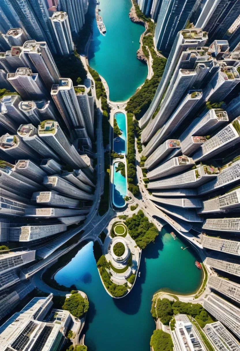 vanishing point, from above, panoramic, super wide angle, satellite images,Hong Kong floor plan ,((Coastal cities)), high density, Zaha Hadid Architecture, ((Top view)), Natural light, Specular rendering, masterpiece, high quality, outdoor
