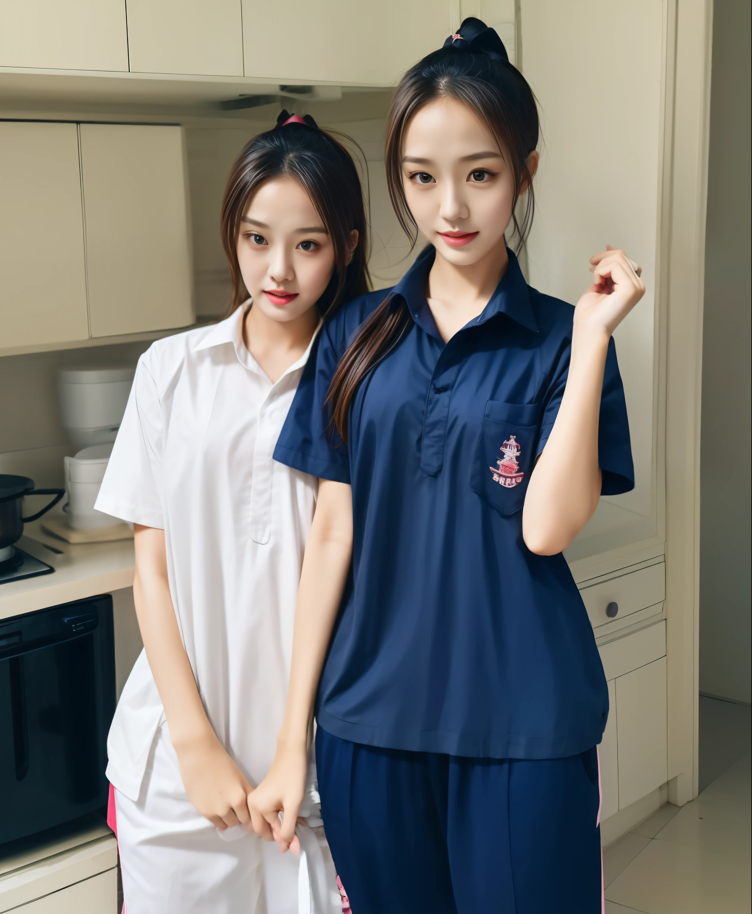 Two girls enter the kitchen., Blue short sleeve shirt,Sweatpantsขายาวสีกรมท่า,Sweatpants, Sweatpantsขายาว,25 year old girl, lesbian, sexy, exercise clothes, wet body, exercise clothes