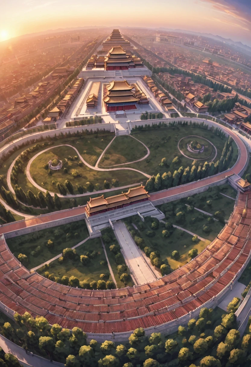 vanishing point, from above, panoramic, super wide angle, satellite images，古老的Forbidden City映造出一道美丽的风景，road，Forbidden City，Sunset，cloud，fallen flowers，ancient city，Silent and desolate，