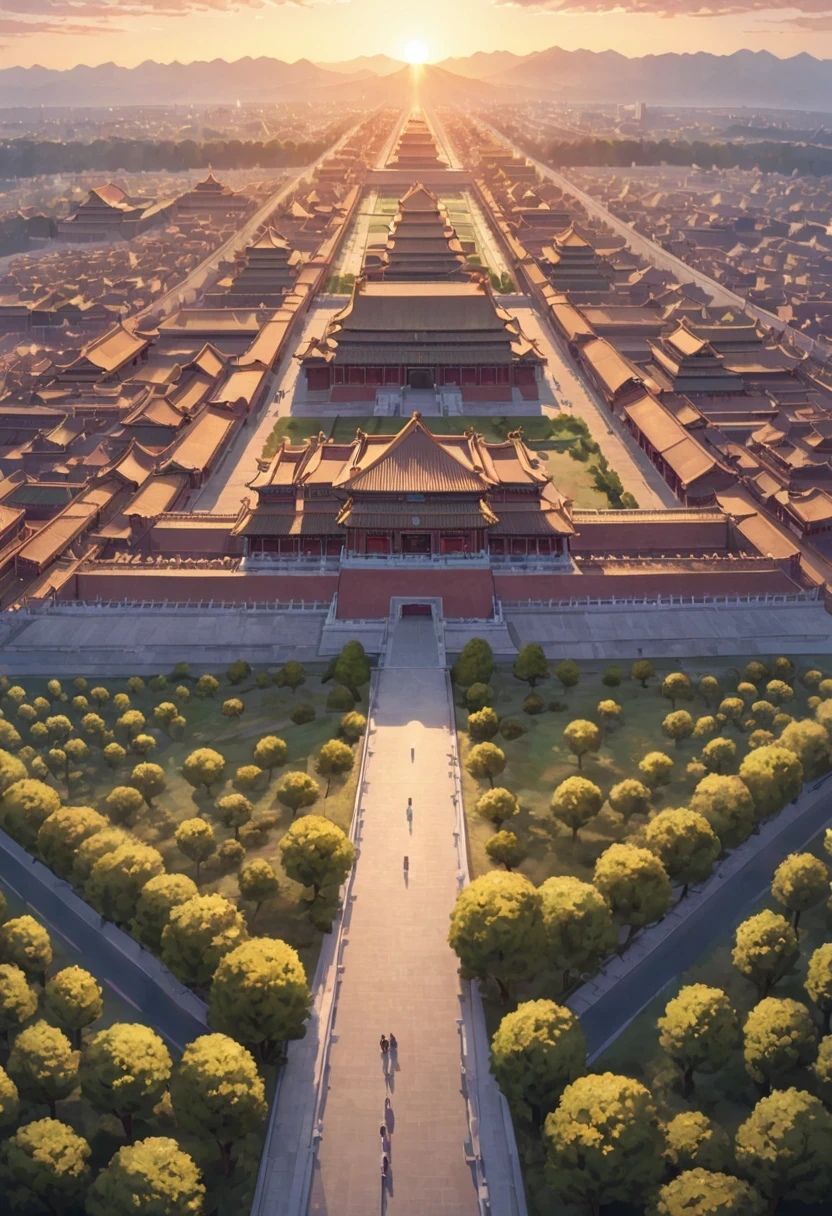 vanishing point, from above, panoramic, super wide angle, satellite images,古老的Forbidden City映造出一道美丽的风景,road,Forbidden City,Sunset,cloud,fallen flowers,ancient city,Silent and desolate,