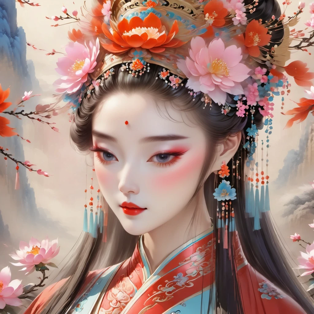 (masterpiece, best quality:1.2), Close-up of woman wearing floral headdress, palace , girl wearing hanfu, beautiful fantasy queen, ancient chinese princess, ((beautiful fantasy queen)), chinese princess, queen of china, beautiful figure painting, Gurwitz style artwork, A beautiful artistic illustration, guweiz, Beautiful digital art work, Beautiful digital illustration