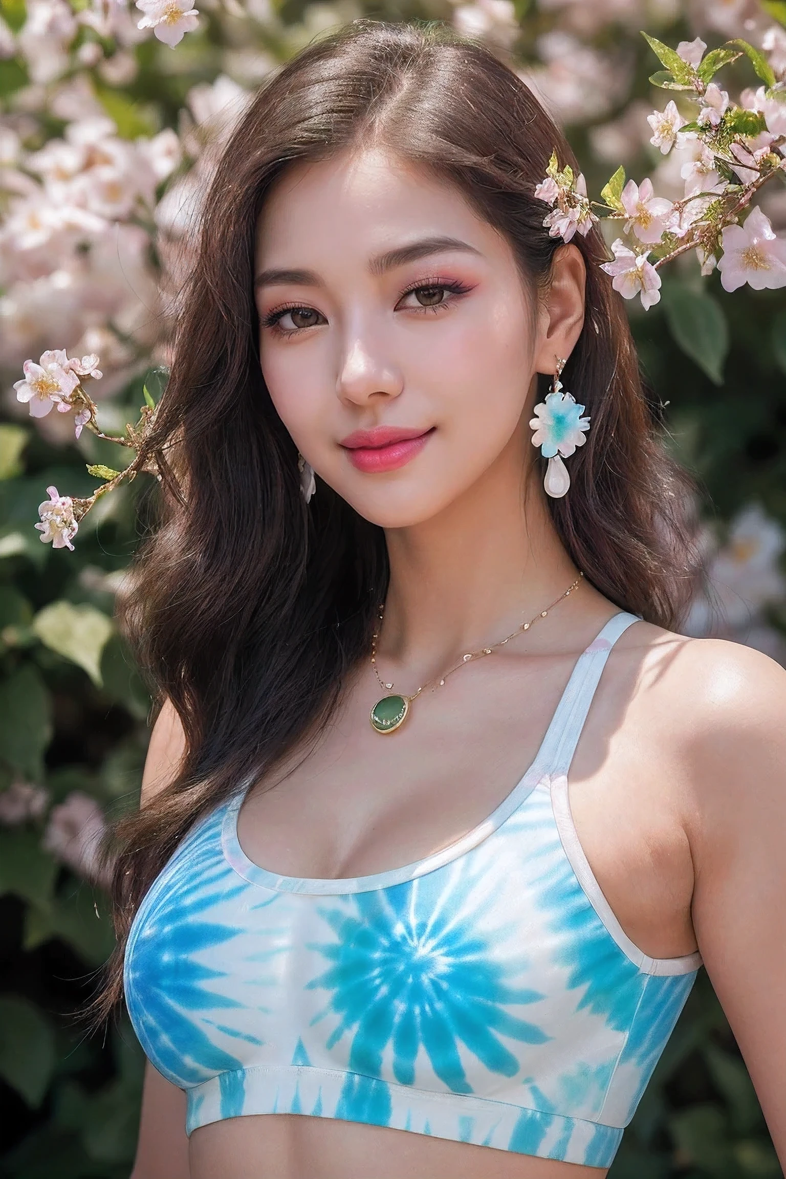 (Canon RF85mm f/1.2,best quality,authenticity:1.4,movie lighting),((1 girl,Korean mixed race,kpop idol:1.2,Permanently installed,beautiful long_细long_leg)),(long_Brown_wavy_hair),(pink_shining_lips,pink_eye shadow,eyelash,powder_blush,cosmetic),(white_shining_skin,black eyes,pores,skin texture,shining),(necklace,earrings),big breasts,Smile,dynamic poses,
((Environmental Art, In the land of eternal summer, a thriving garden, Its flowers bloom brilliantly under the kiss of the sun, rim light, ambient light, alien)),((Tie-dye sports bra and matching leggings set)),