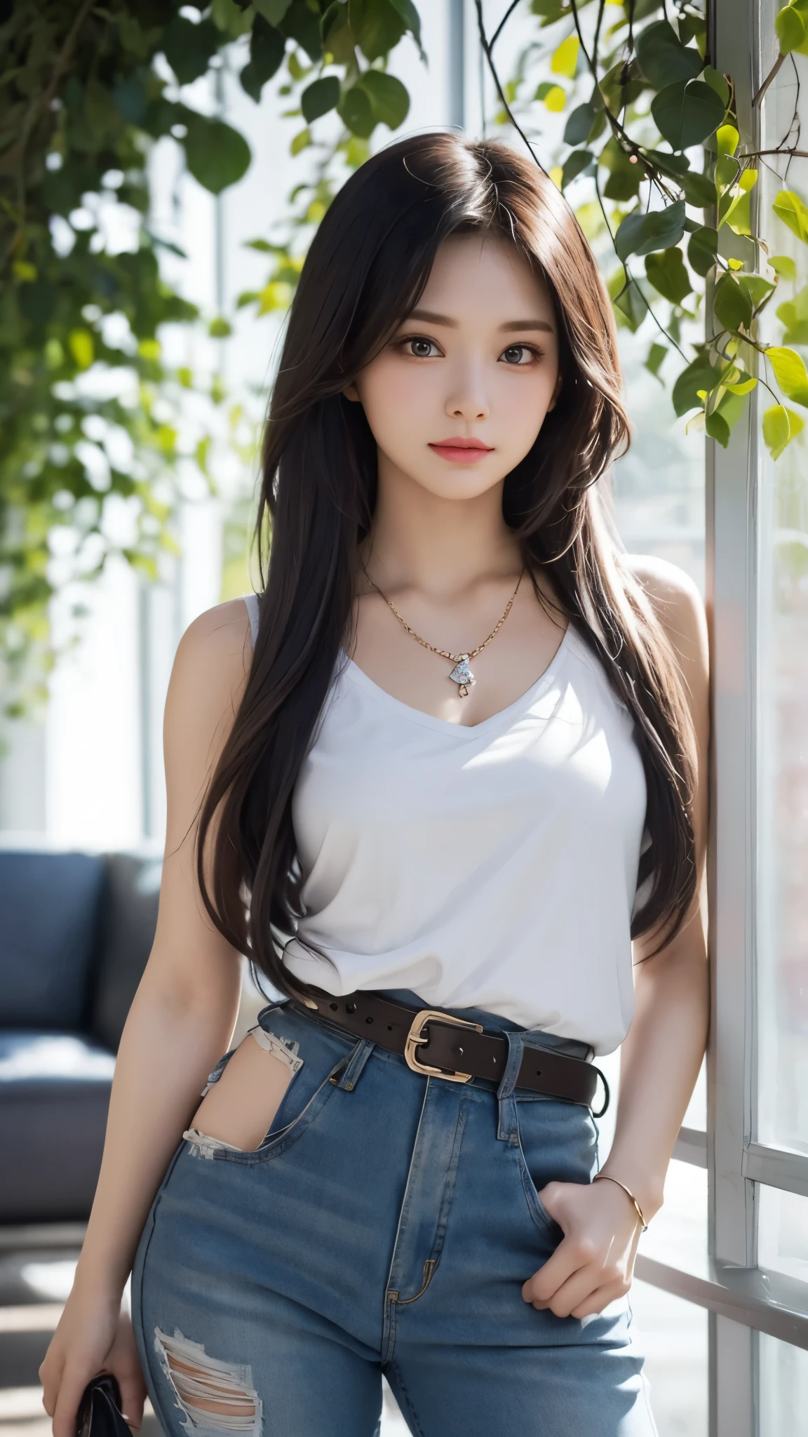 Beautiful woman with perfect body:1.4,Layered Hairstyle,Prominent cleavage,Highly detailed face and skin textures,Double eyelids,Skin Whitening,Long hair,Whitened long legs,Red tank top