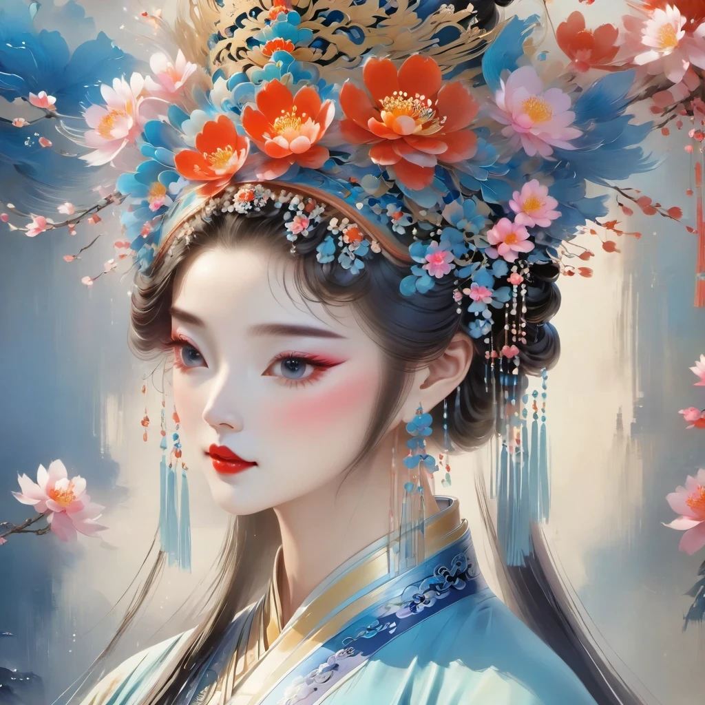 (masterpiece, best quality:1.2), Close-up of woman wearing floral headdress, palace , girl wearing hanfu, beautiful fantasy queen, ancient chinese princess, ((beautiful fantasy queen)), chinese princess, queen of china, beautiful figure painting, Gurwitz style artwork, A beautiful artistic illustration, guweiz, Beautiful digital art work, Beautiful digital illustration
