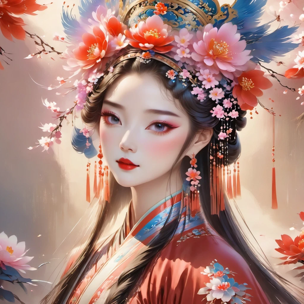(masterpiece, best quality:1.2), Close-up of woman wearing floral headdress, palace , girl wearing hanfu, beautiful fantasy queen, ancient chinese princess, ((beautiful fantasy queen)), chinese princess, queen of china, beautiful figure painting, Gurwitz style artwork, A beautiful artistic illustration, guweiz, Beautiful digital art work, Beautiful digital illustration