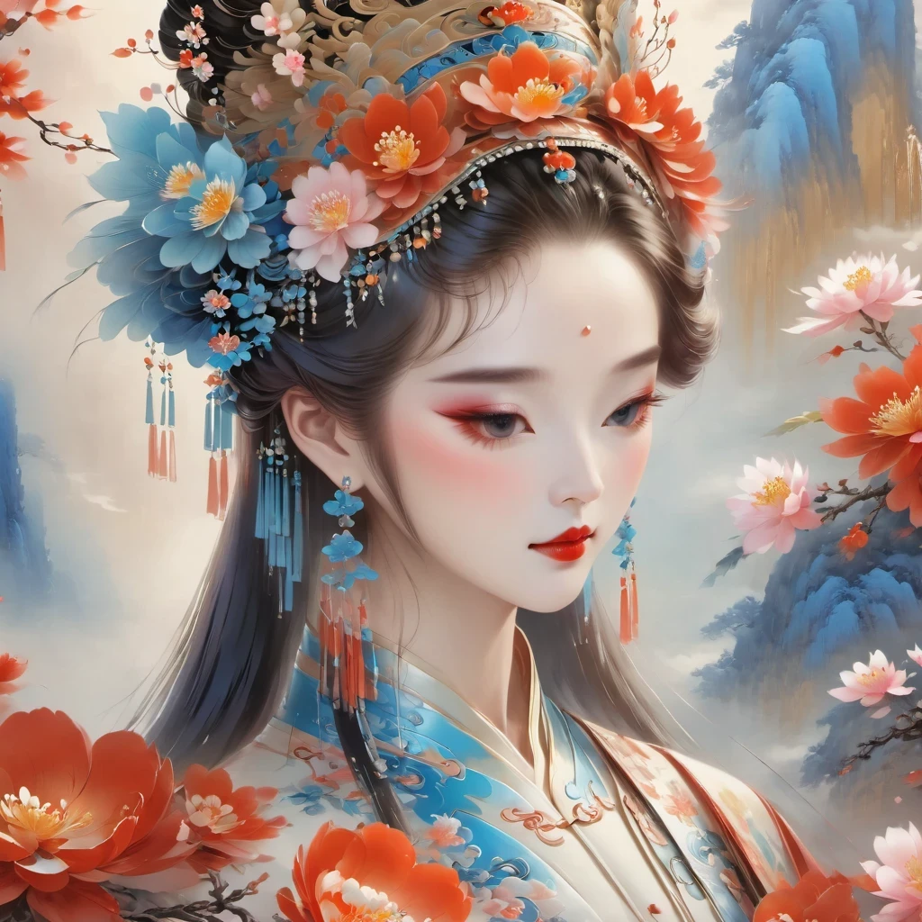 (masterpiece, best quality:1.2), Close-up of woman wearing floral headdress, palace ， girl wearing hanfu, beautiful fantasy queen, ancient chinese princess, ((beautiful fantasy queen)), chinese princess, queen of china, beautiful figure painting, Gurwitz style artwork, A beautiful artistic illustration, guweiz, Beautiful digital art work, Beautiful digital illustration