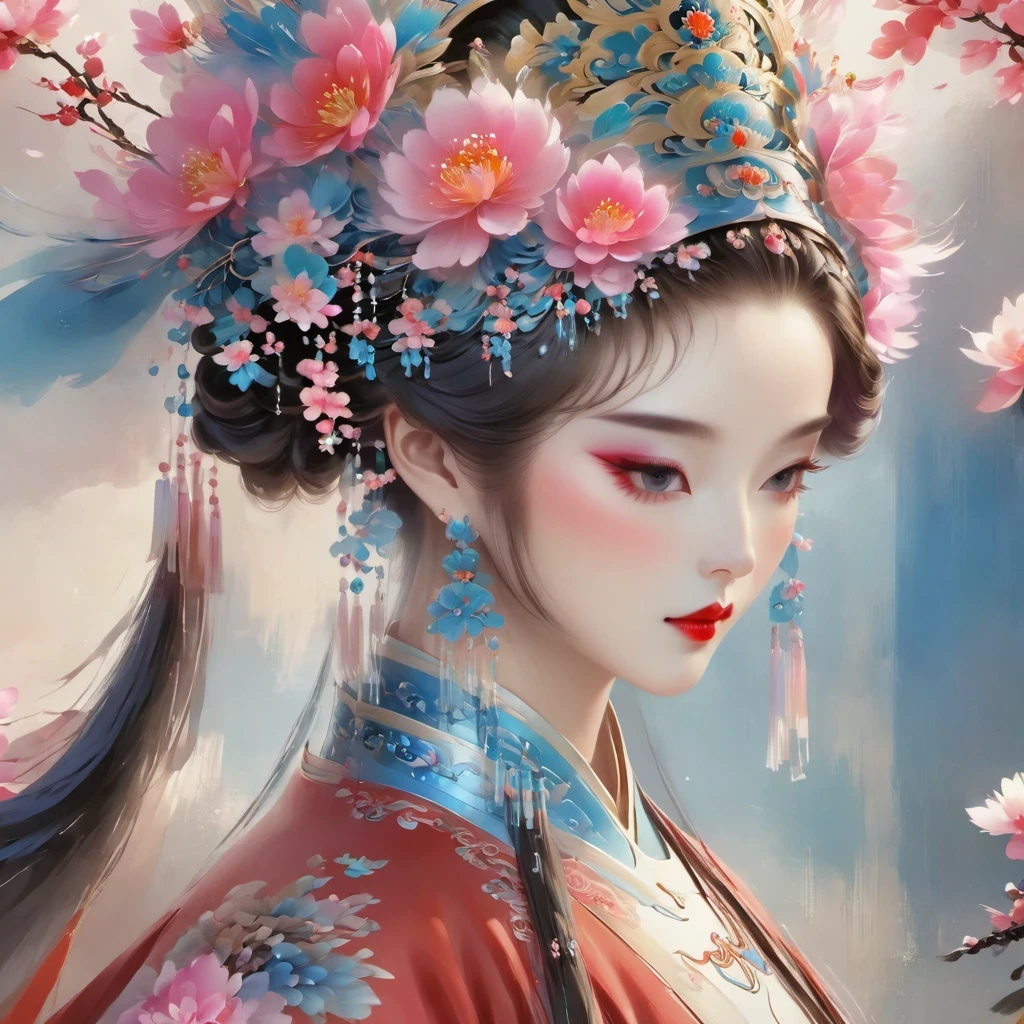 (masterpiece, best quality:1.2), Close-up of woman wearing floral headdress, palace , girl wearing hanfu, beautiful fantasy queen, ancient chinese princess, ((beautiful fantasy queen)), chinese princess, queen of china, beautiful figure painting, Gurwitz style artwork, A beautiful artistic illustration, guweiz, Beautiful digital art work, Beautiful digital illustration