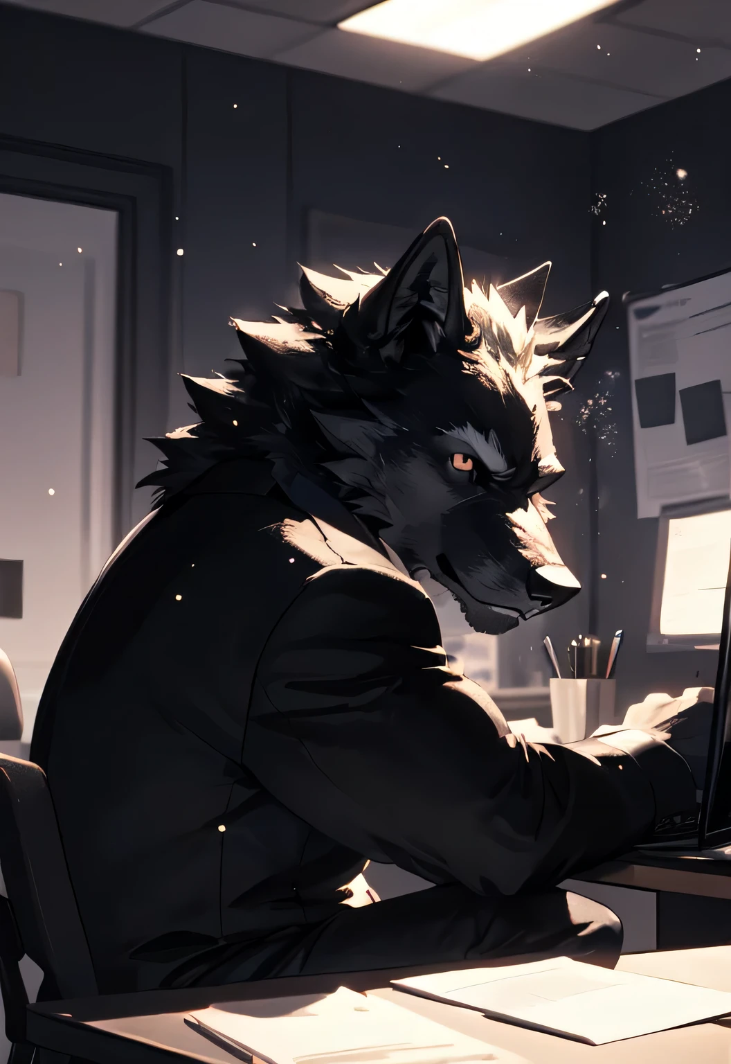 alone, Anthropomorphic black wolf, muscle, sitting,wearing black suit,office, depth of field, perfect lighting, (light particles),(best quality),(masterpiece),(ultra higher than ed),sharp focus,light particles