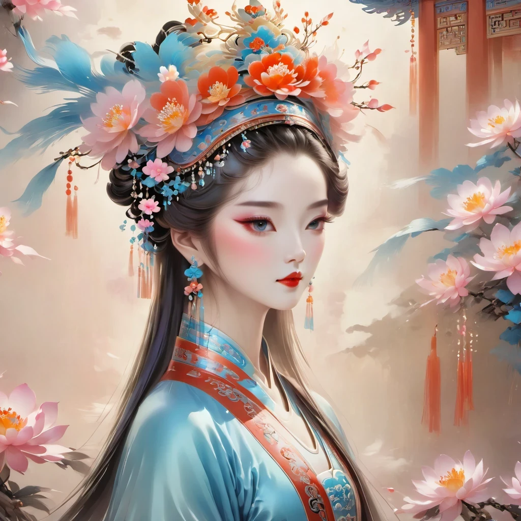 (masterpiece, best quality:1.2), Close-up of woman wearing floral headdress, palace ， girl wearing hanfu, beautiful fantasy queen, ancient chinese princess, ((beautiful fantasy queen)), chinese princess, queen of china, beautiful figure painting, Gurwitz style artwork, A beautiful artistic illustration, guweiz, Beautiful digital art work, Beautiful digital illustration