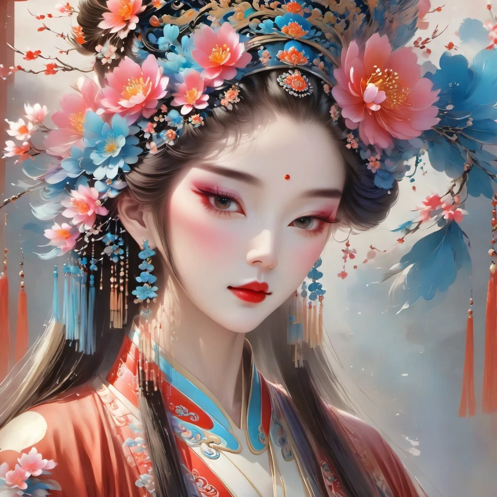 (masterpiece, best quality:1.2), Close-up of woman wearing floral headdress, palace , girl wearing hanfu, beautiful fantasy queen, ancient chinese princess, ((beautiful fantasy queen)), chinese princess, queen of china, beautiful figure painting, Gurwitz style artwork, A beautiful artistic illustration, guweiz, Beautiful digital art work, Beautiful digital illustration
