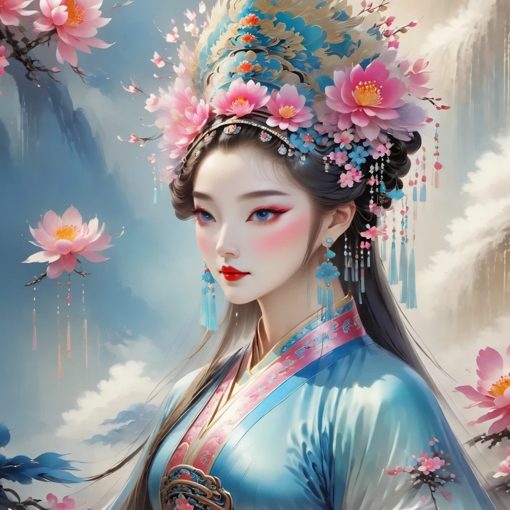 (masterpiece, best quality:1.2), Close-up of woman wearing floral headdress, palace ， girl wearing hanfu, beautiful fantasy queen, ancient chinese princess, ((beautiful fantasy queen)), chinese princess, queen of china, beautiful figure painting, Gurwitz style artwork, A beautiful artistic illustration, guweiz, Beautiful digital art work, Beautiful digital illustration