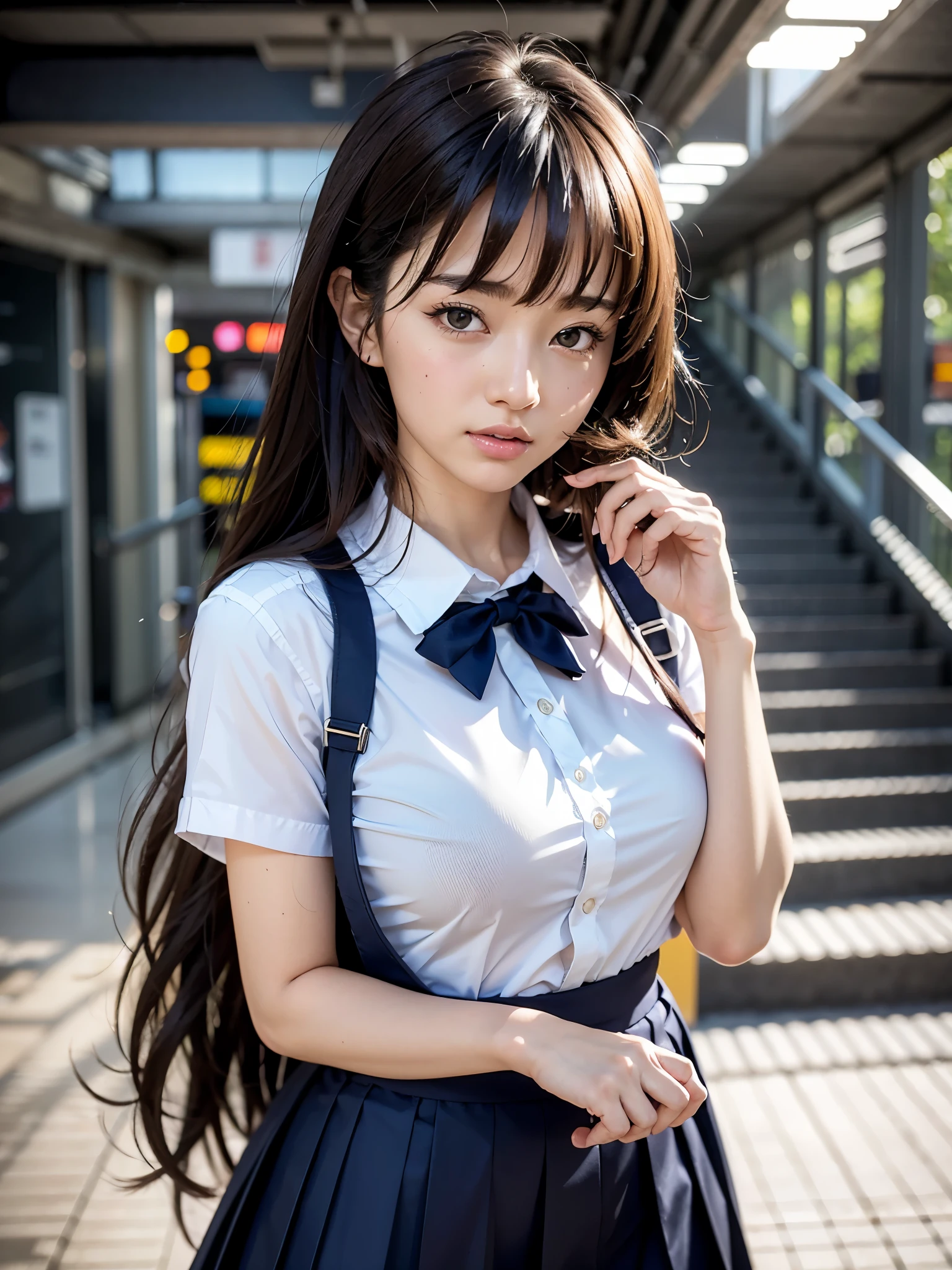 (masterpiece:1.3), (8K、photorealistic, Raw photo, best quality:1.4), (solo), (1 girl), (beautiful realistic face:1.2), ((very beautiful 18 year old japanese girl)), (Symmetrical perfect face), (beautiful brown hair, bangs), hair is messy, (intense black eyes, strong eye highlights, realistic目, beautiful eyelashes), (wonderful smile:1.2), perfect , (high detail skin: 1.2), dynamic angle, perfect body, (white short-sleeved shirt with a navy collar, girls high school uniform, Plain pleated skirt in dark blue, navy blue bow tie, white knee socks, black leather shoes), (white bra and panties), accurate arm, five fingers, accurate legs, refreshing morning, (Beautiful Landscape Background), (train station, realistic電車, line, station stairs), volume lighting, soft light, bright, neon, Bright colors, realistic, highest quality, photo-realistic, (upper body close-up)