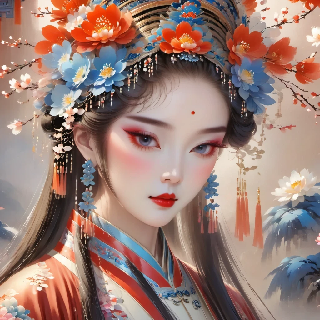 (masterpiece, best quality:1.2), Close-up of woman wearing floral headdress, palace ， girl wearing hanfu, beautiful fantasy queen, ancient chinese princess, ((beautiful fantasy queen)), chinese princess, queen of china, beautiful figure painting, Gurwitz style artwork, A beautiful artistic illustration, guweiz, Beautiful digital art work, Beautiful digital illustration