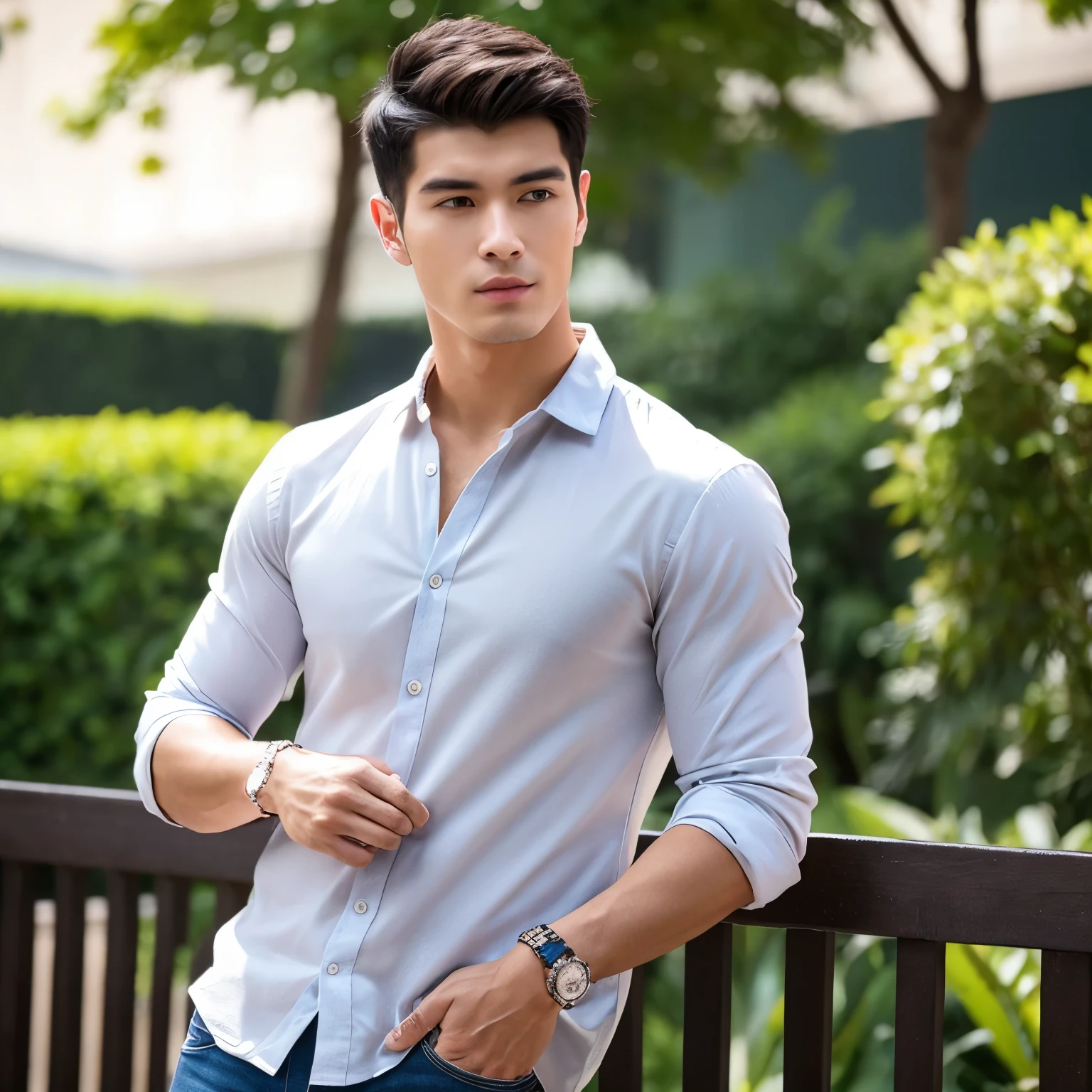 The new adult Eurasian man stands at an average height of around 5’9" to 6’2", with a well-built physique that denotes a combination of strength and athleticism. His facial features reflect a blend of Asian and European characteristics, creating a unique and attractive appearance.
He has a strong jawline with a defined chin, complemented by high cheekbones that add a touch of sophistication to his face. His eyes are almond-shaped, reflecting his Eurasian heritage, with a warm and inviting gaze that reveals his friendly nature. They might be a shade of brown or hazel, radiating warmth and intelligence.
His hair is usually dark, ranging from black to deep brown, and styled in a contemporary fashion that suits his personality. It might be neatly trimmed and styled into a trendy haircut, or he might have a slightly longer length that adds a casual and carefree vibe to his overall look.
The Eurasian man takes pride in his appearance and pays attention to grooming. He has a well-maintained beard, often kept trimmed and styled, enhancing his masculine features. His skin tone may vary, reflecting the diverse range of Eurasian backgrounds. It could be fair with a hint of olive undertones or have a medium complexion, depending on his specific heritage.
Regarding attire, he embraces a modern and fashionable style, blending elements from both Asian and European fashion. He might opt for well-fitted jeans or trousers paired with a tailored shirt or a casual t-shirt. Occasionally, he might incorporate traditional pieces from his Eurasian background to showcase his cultural identity.
In summary, the new adult Eurasian man is a captivating blend of Asian and European features, exuding confidence and charm through his appearance.