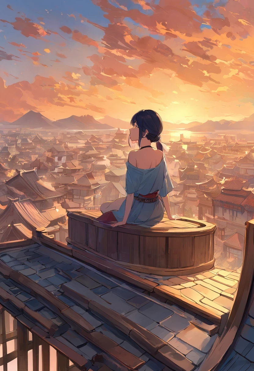A woman with red makeup sits on the roof，Gaze at the distant skyline，The sunset and the ancient capital create beautiful scenery together，楼兰ancient city，sunset yellow sand，cloud，fallen flowers，ancient city，wild geese