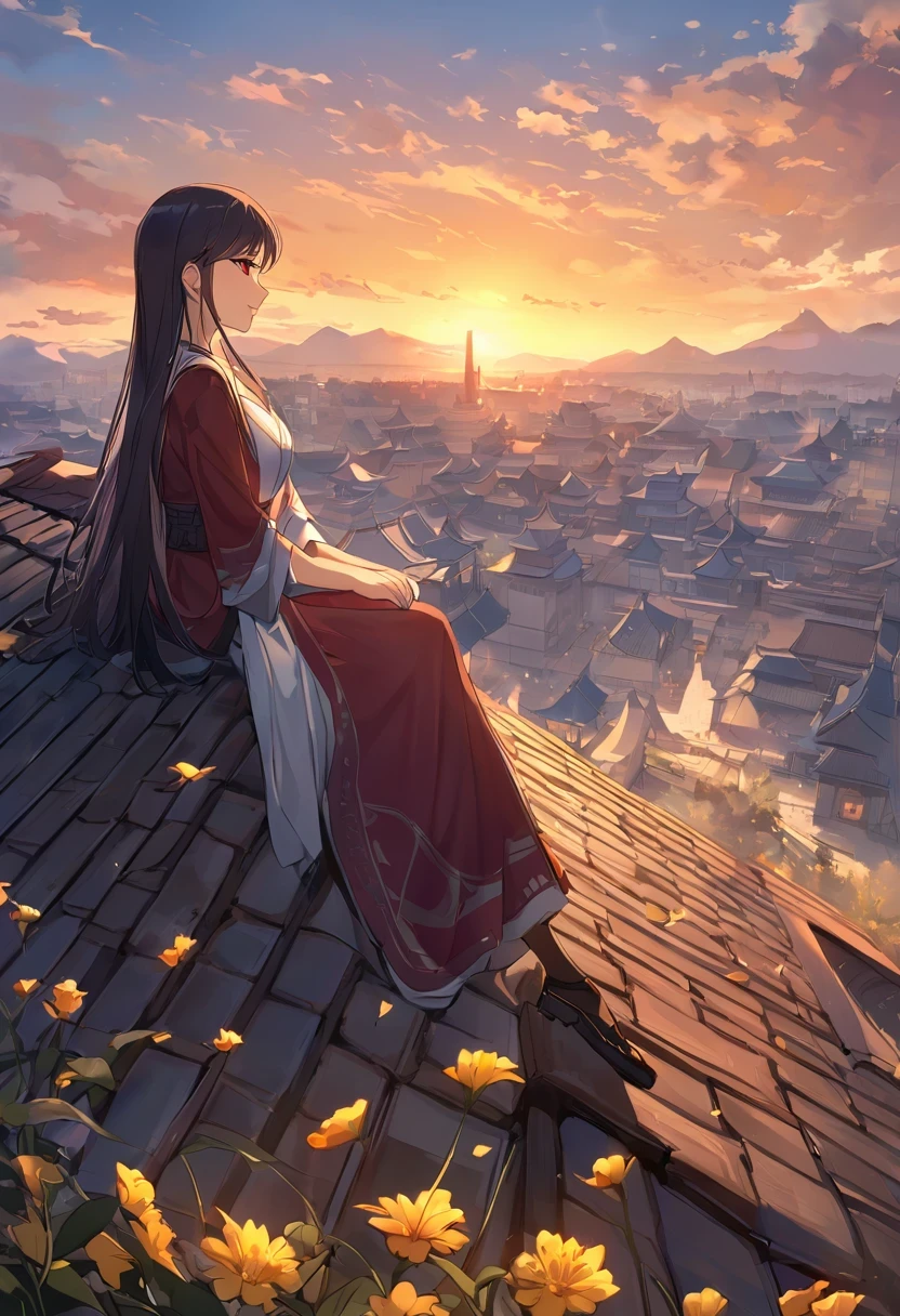 A woman with red makeup sits on the roof,Gaze at the distant skyline,The sunset and the ancient capital create beautiful scenery together,楼兰ancient city,sunset yellow sand,cloud,fallen flowers,ancient city,wild geese