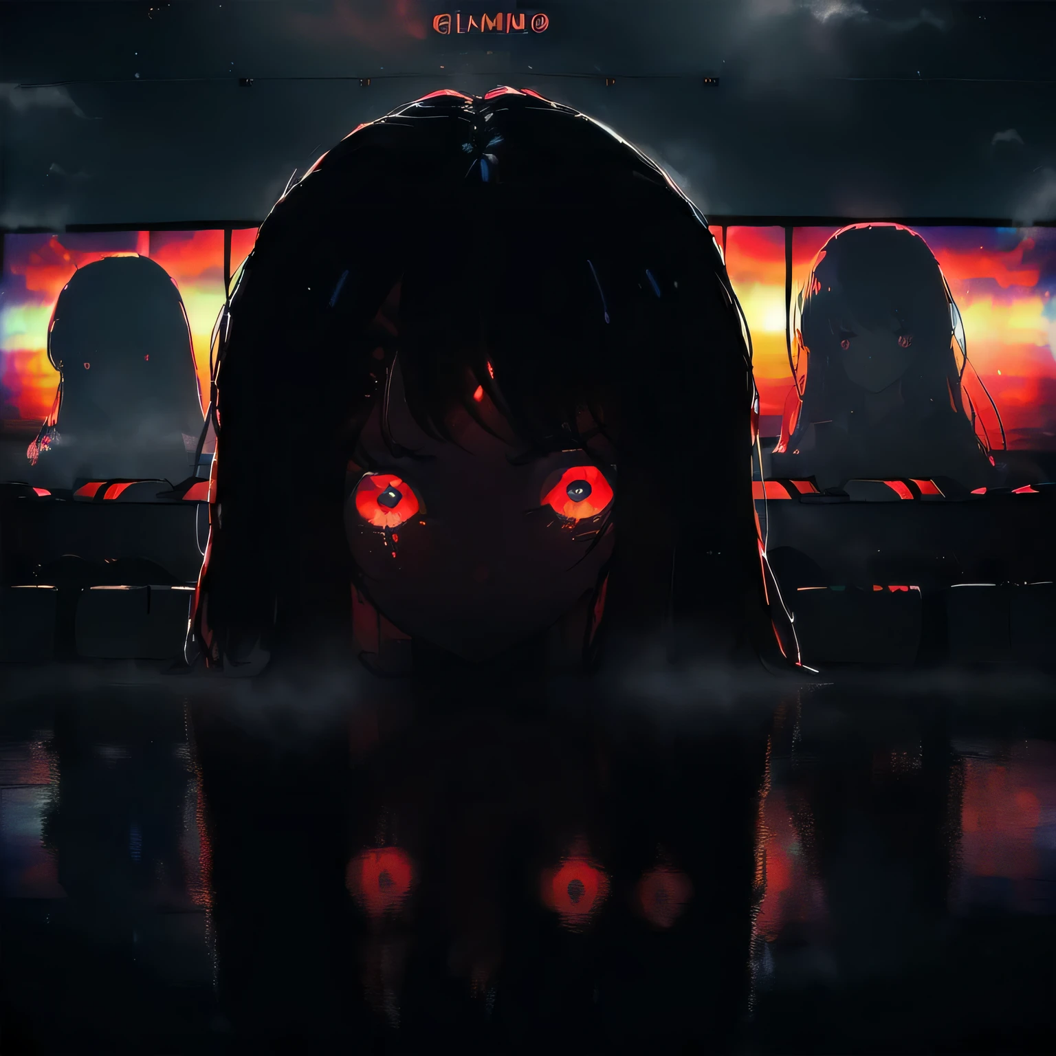 Reflect tooltip: woman with red eyes stands in front of the window, trending on pixiv, There's a scary atmosphere behind her., panoramic view of the girl in the center, Anime lighting, forced witness, Glass lid, Heavy makeup, (screens),Beautiful silhouette of a girl with blood particles floating around her, illuminated by a flickering television monitor, which displays a mesmerizing image of an anime girl.,Conveying a sense of mystery and intensity,from a famous anime artist, with a dark and atmospheric background filled with screens and displays, but catches the viewer's eye,(very long hair),(full width cinema screens and displays:1.4),(giant cinema screens and displays:1.6),(bring your face closer:1.3), ((focus on the face:1.3)),((there are girls in giant cinema screens and displays:1.9)), ((fog:1.8)), (heavy fog 1.2), (soft drops of blood, tears), ((dark colors 1.6))