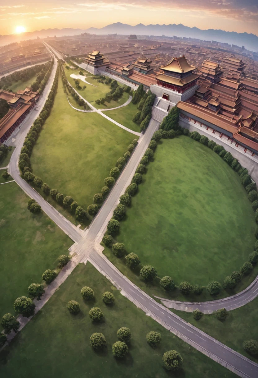 vanishing point, from above, panoramic, super wide angle, satellite images,古老的Forbidden City映造出一道美丽的风景,road,Forbidden City,Sunset,cloud,fallen flowers,ancient city,dead tree,mottled,grassland,Silent and desolate,