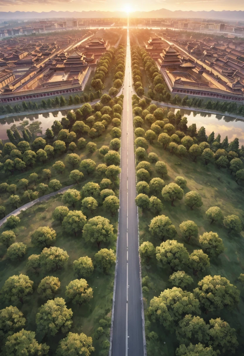 vanishing point, from above, panoramic, super wide angle, satellite images，古老的Forbidden City映造出一道美丽的风景，road，Forbidden City，Sunset，cloud，fallen flowers，ancient city，dead tree，mottled，grassland，Silent and desolate，