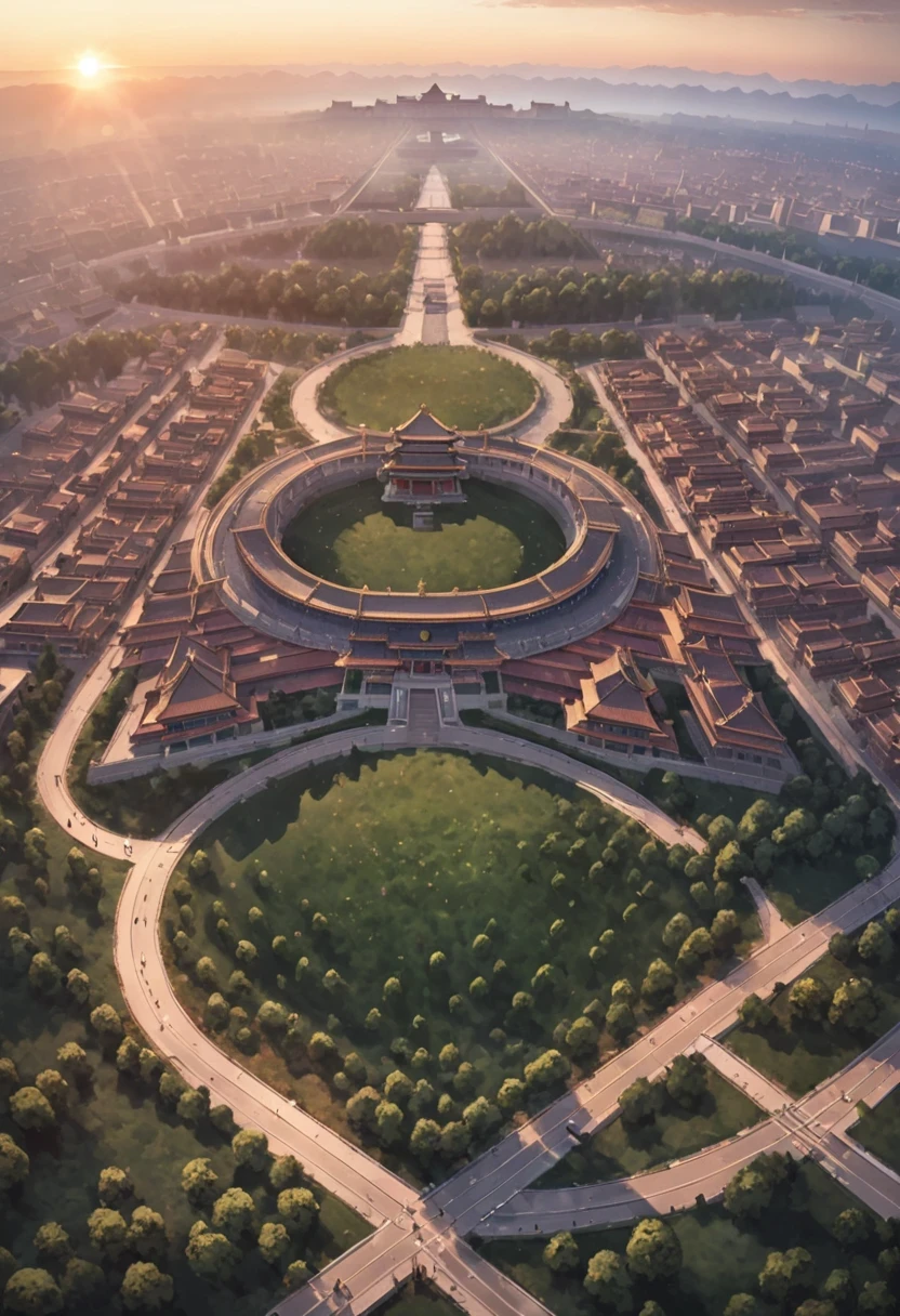 vanishing point, from above, panoramic, super wide angle, satellite images,古老的Forbidden City映造出一道美丽的风景,road,Forbidden City,Sunset,cloud,fallen flowers,ancient city,dead tree,mottled,grassland,Silent and desolate,