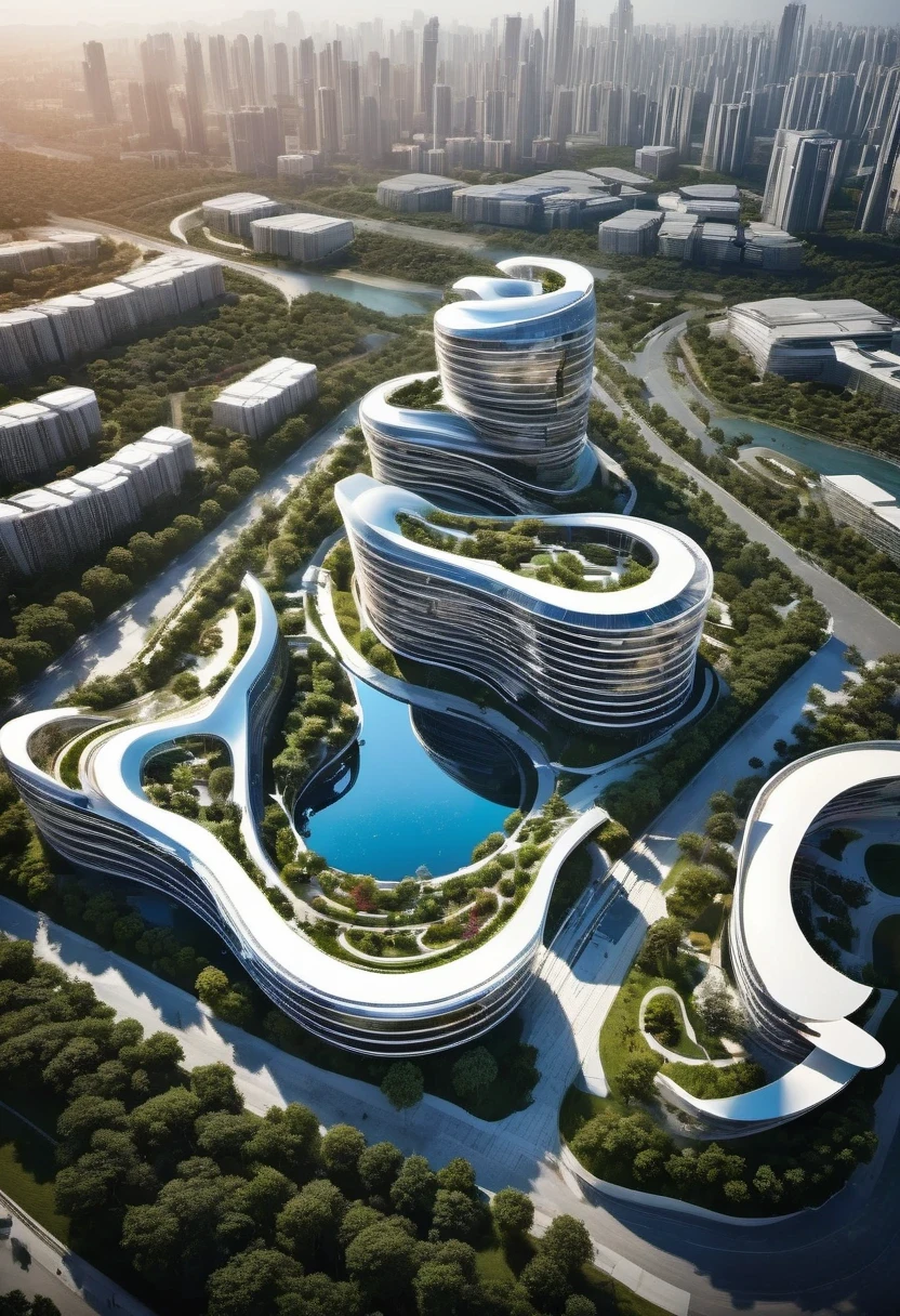 Site planning ((Binhai City Park)), high density, Zaha Hadid Architecture, ((Top view)), Natural light, Specular rendering, masterpiece, high quality, outdoor