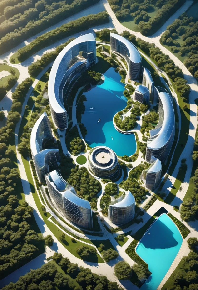 Site planning ((Binhai City Park)), high density, Zaha Hadid Architecture, ((Top view)), Natural light, Specular rendering, masterpiece, high quality, outdoor