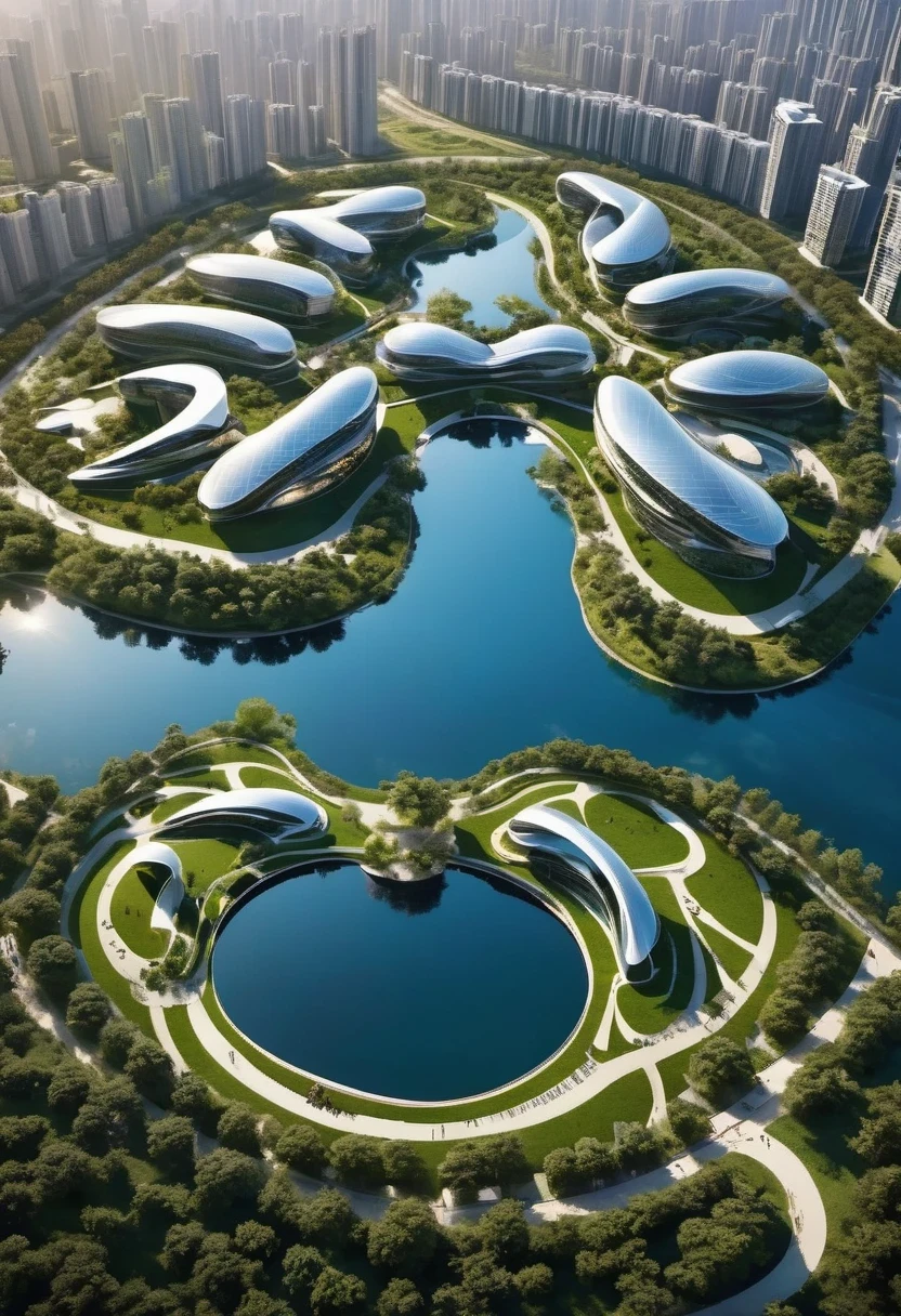 Site planning ((Binhai City Park)), high density, Zaha Hadid Architecture, ((Top view)), Natural light, Specular rendering, masterpiece, high quality, outdoor