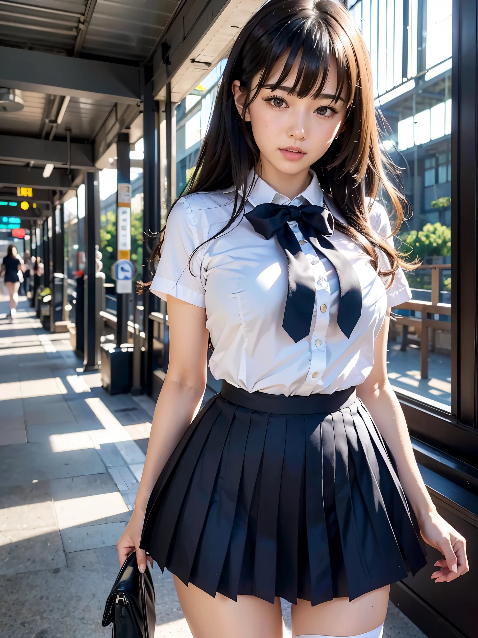 Japanese、High school girls、JK、（Clothing）、18-year-old、NSFW、（Big Breasts）、tits、White skin、cute、Narrow waist、Beautiful feet、Thin legs、slender、uniform、blouse、ribbon、（mini skirt）、Pleated skirt、(（（Black panties are visible）））、Crouching、View from below、Outdoor、the way、sunny