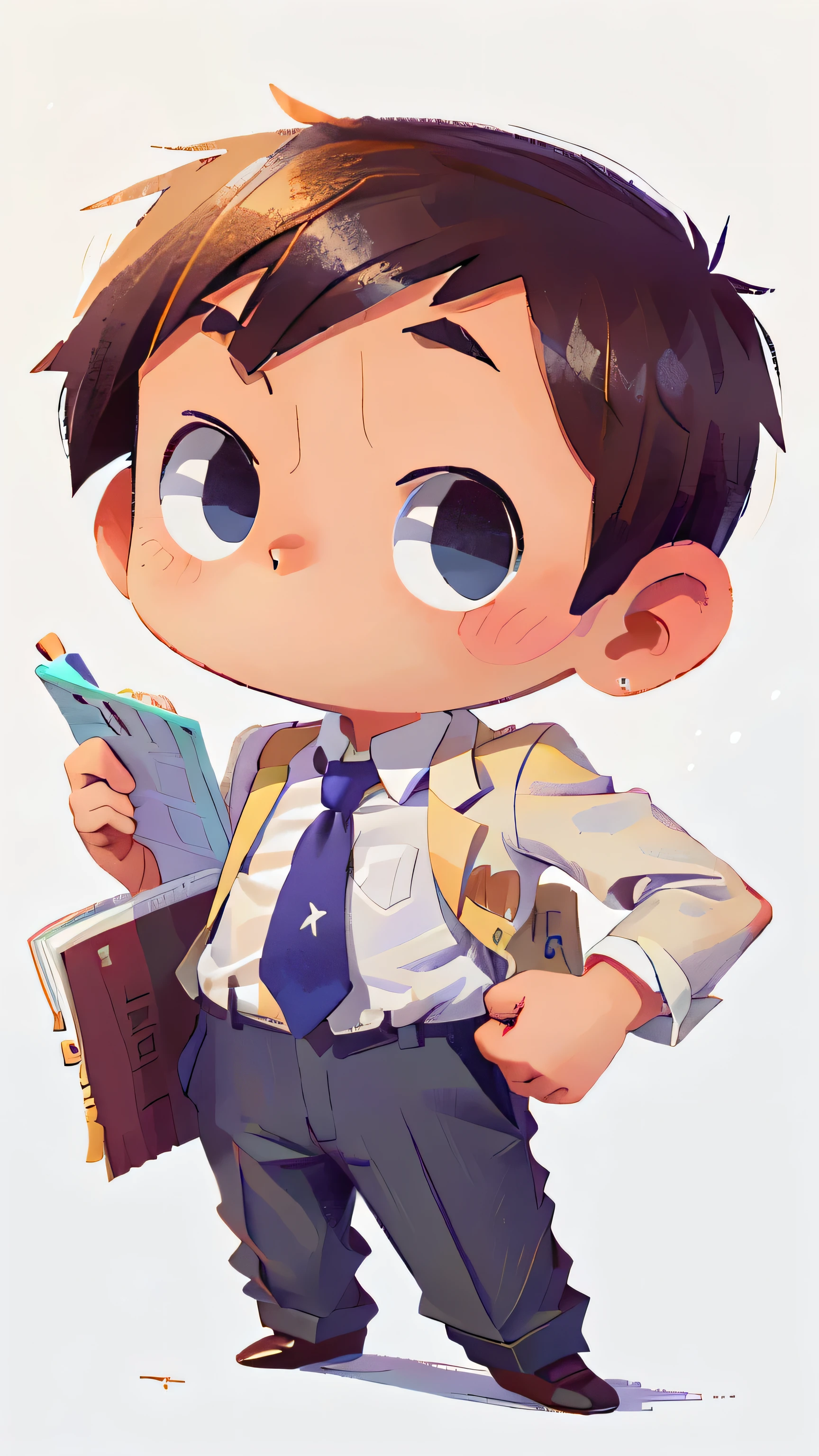 poster design, (SFW), boy in suit, white shirt and tie, Standing whole body, happy, notebook in hand, gradient background, perfect quality, clear focus, colorful, perfect face, intricate details, Ultra low viewing angle, Wide-angle lens