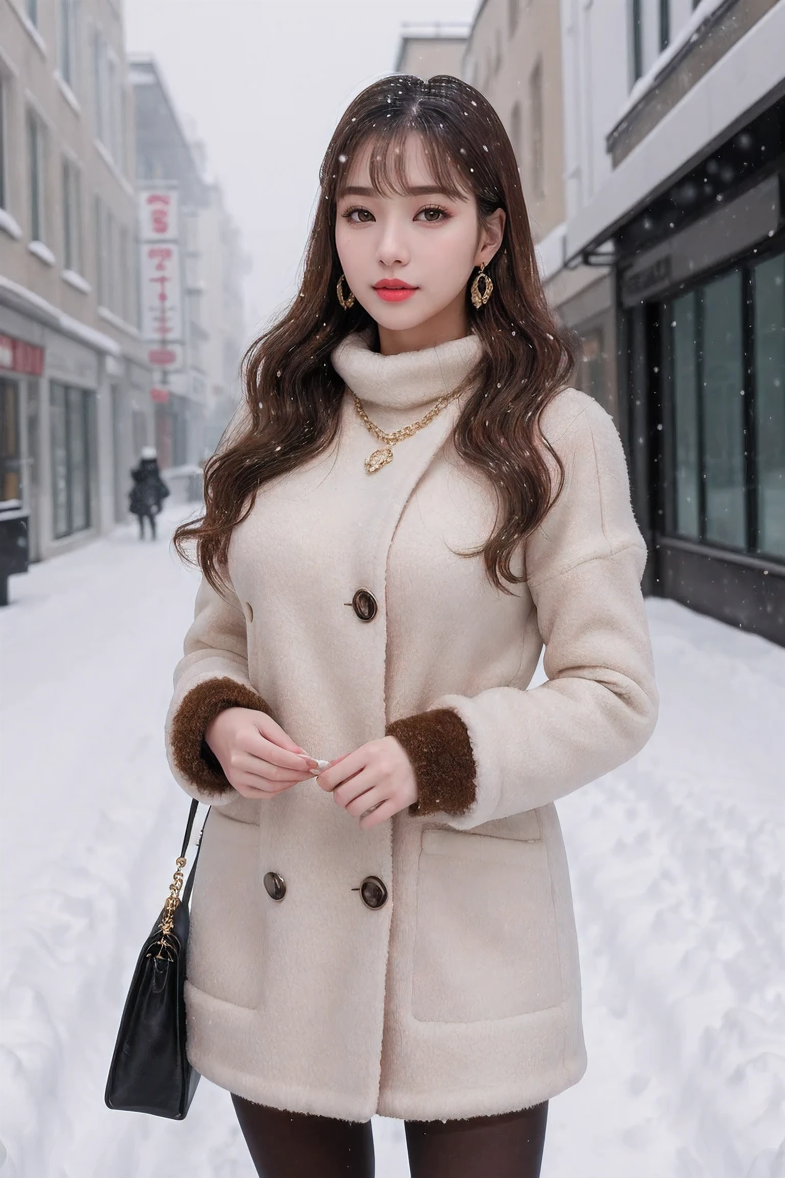Canon RF85mm f/1.2,masterpiece,best quality,ultra high definition,cowboy shooting,1 girl,beautiful long legs,(Korean mixed race,kpop idol:1.2),alone,shining_skin,very white skin,necklace,earrings,jewelry,(long_Brown_wavy_hair,Bangs),Red_shining_lips,eyelash,cosmetic,shining,pores,skin texture,big breasts,((Wear elegant and warm winter fashion clothing,Standing outside a snowy city street)):1.5,(pantyhose:1.2)