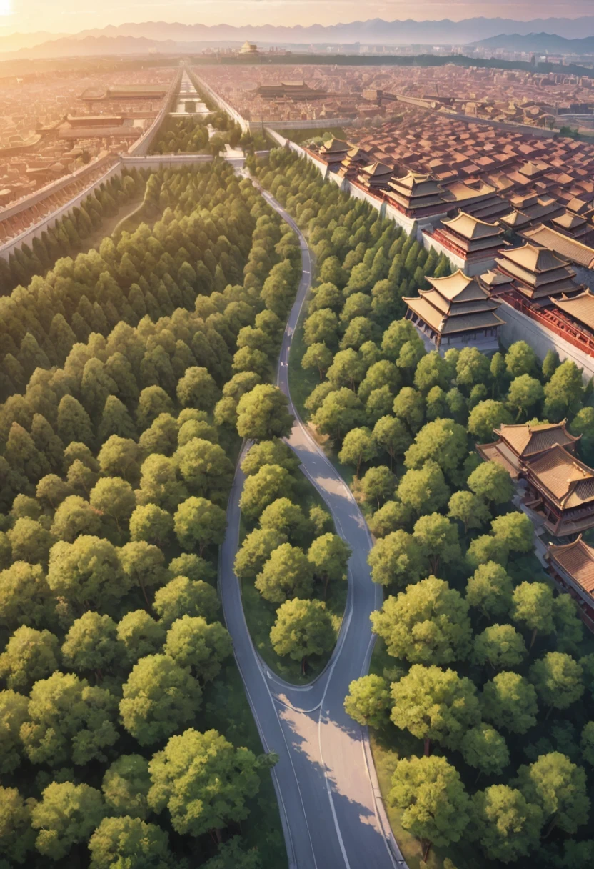 vanishing point, from above, panoramic, super wide angle, satellite images,古老的Forbidden City映造出一道美丽的风景,road,Forbidden City,Sunset,cloud,fallen flowers,ancient city,dead tree,mottled,grassland,Silent and desolate,