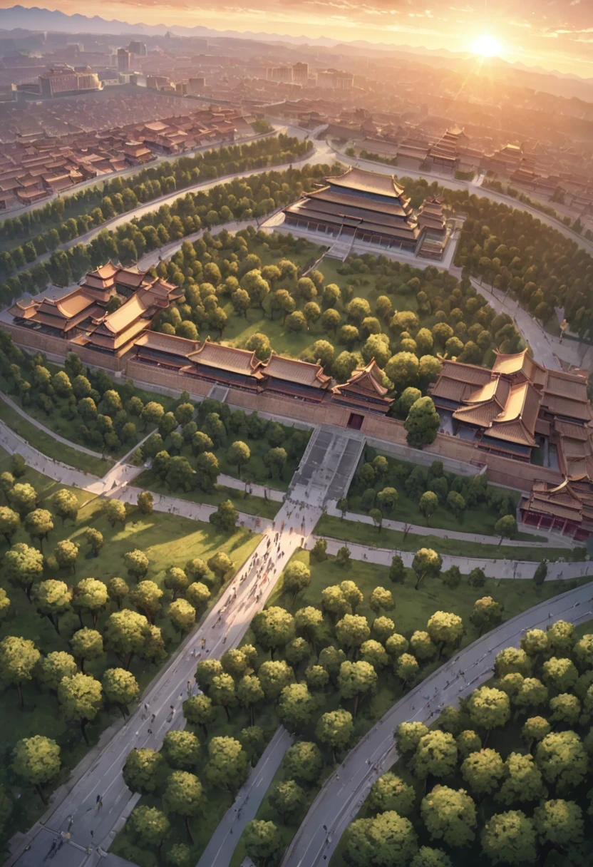 vanishing point, from above, panoramic, super wide angle, satellite images，古老的Forbidden City映造出一道美丽的风景，road，Forbidden City，Sunset，cloud，fallen flowers，ancient city，dead tree，mottled，grassland，Silent and desolate，