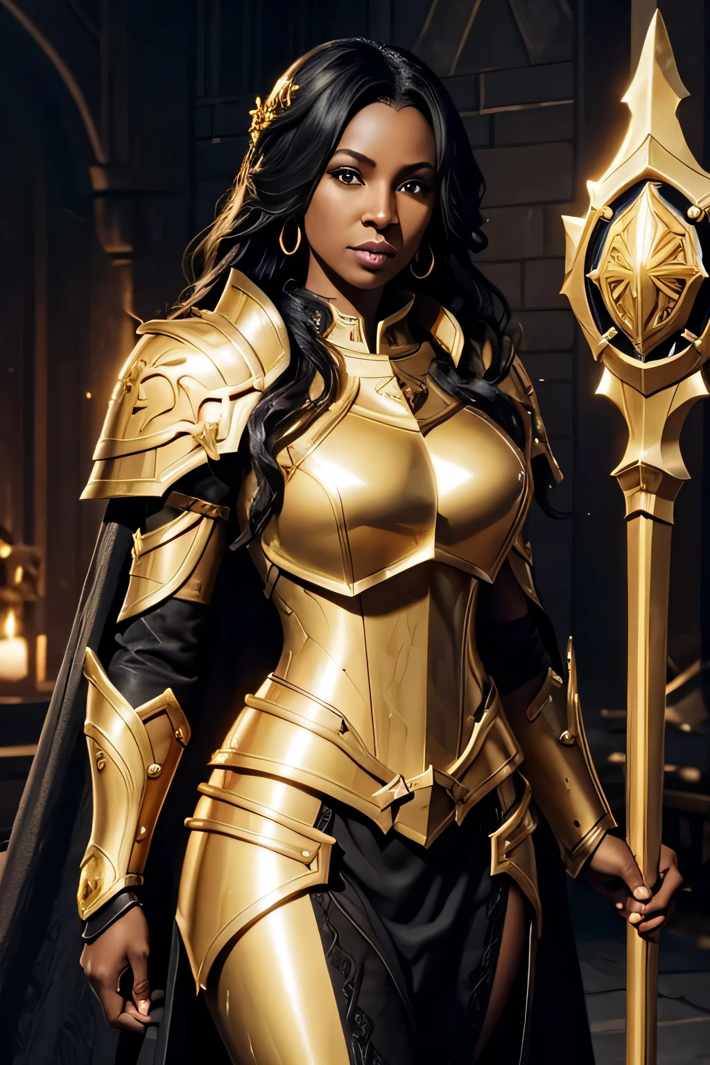 mulher negra de meia idade, paladino, Armadura de Ouro, shiny apple, lathander symbol on chest, escudo dourado, manopla de ouro,