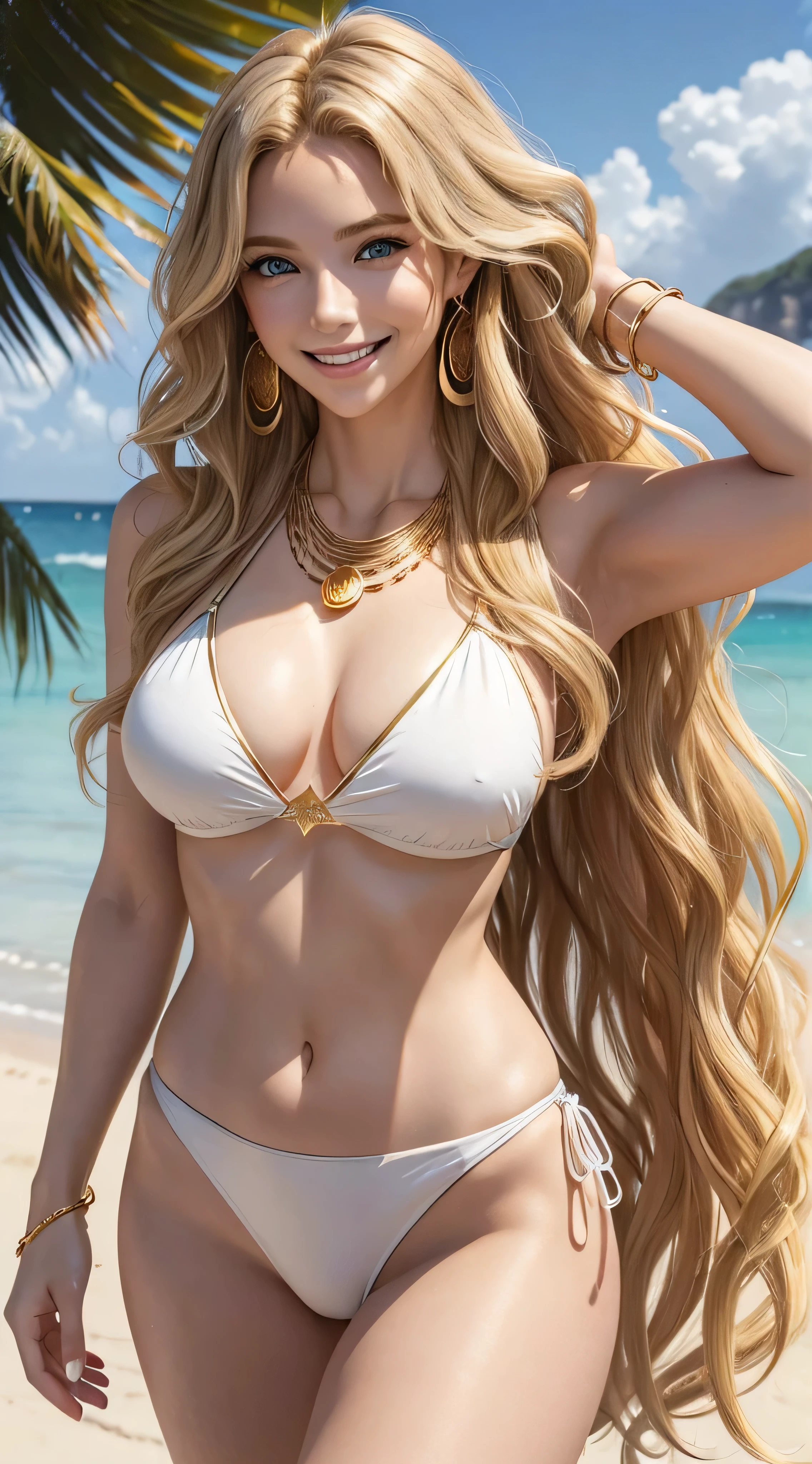 Young blonde with blue eyes and wavy hair down to her waist、She is wearing a pure white bikini swimsuit、provocative pose、ela esta sorindo、she is showing her teeth、she is in the square、Sinanoturna、melhor qualidade、Oblablima、8k、cinematic lighting、trabalho premiado、on the sandy beach、((Super long golden hair:1.2))((Hair with loose waves inside:1.2)),((gold necklace_Large earrings:1.2)),((shy smile:1.3)),