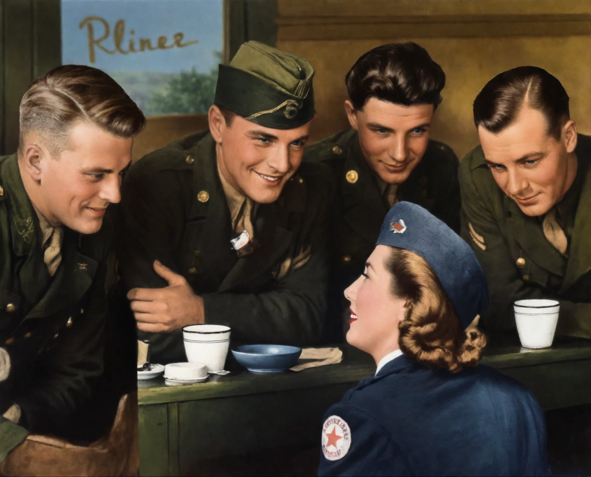 painting of a group of men in uniform sitting at a table, award winning colorized photo, a colorized photo, colorized photo, by Glen Angus, wearing rr diner uniform, american canteen, colorized, diner scene, several soldiers, colorized photograph, 1943, ww2 era, ww2 photo, camaraderie, ( art fitzpatrick ), close portrait