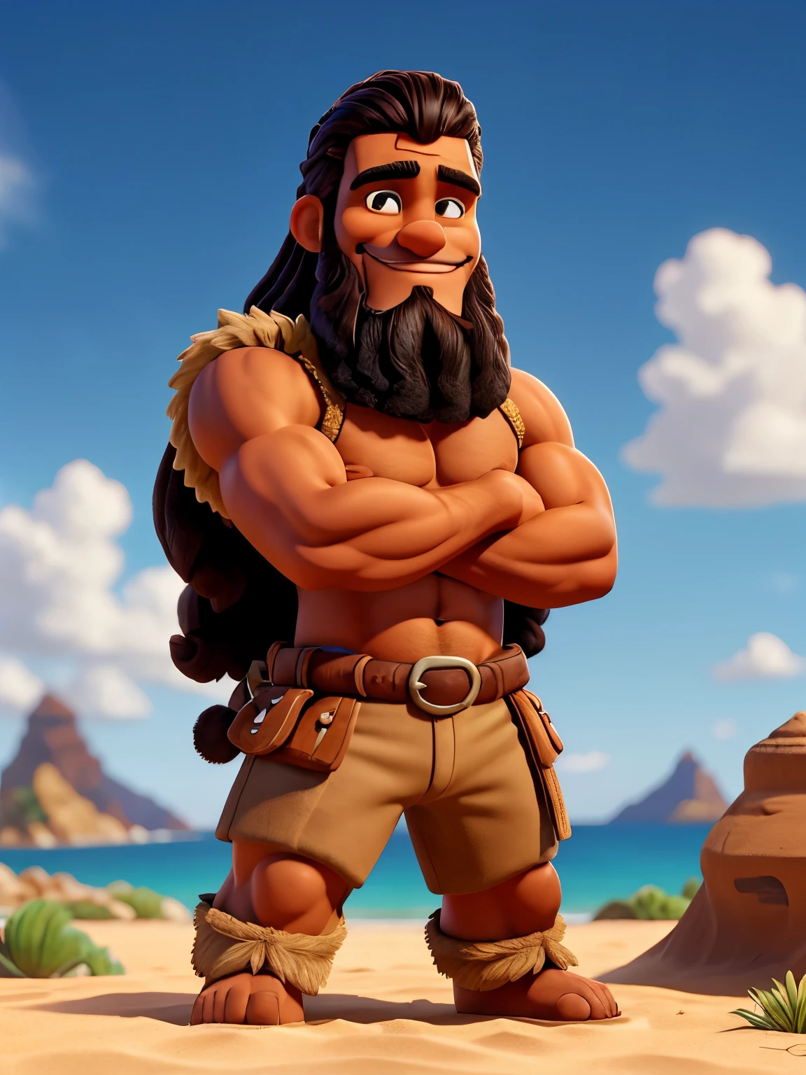 Samson smiling with his arms crossed looking forward, conqueror expression, strong arms, cabelo comprido, barba espessa, pele bronzeada, 35 anos, nariz grande, fundo de deserto, clothing made of fur, Bible, heartthrob face